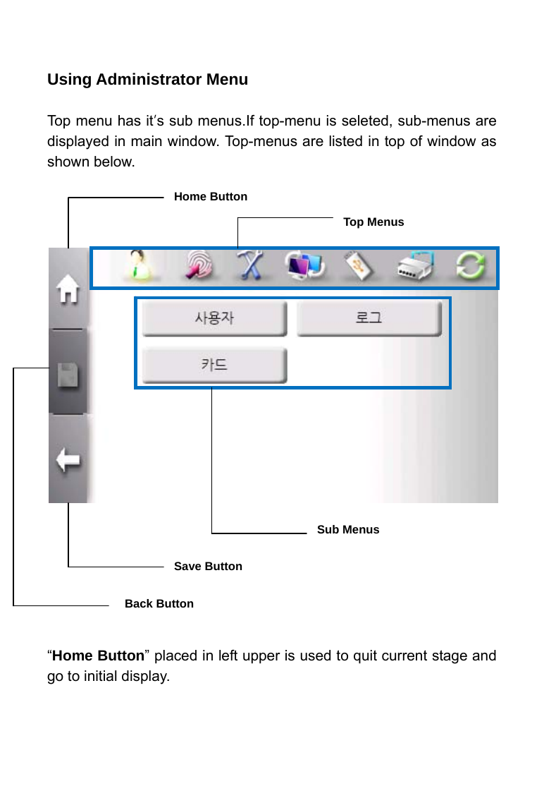     Using Administrator Menu  Top menu has it&rsquo;s sub menus.If top-menu is seleted, sub-menus are displayed in main window. Top-menus are listed in top of window as shown below.                        &ldquo;Home Button&rdquo; placed in left upper is used to quit current stage and go to initial display.  Save Button Back Button Home Button   Top Menus   Sub Menus 
