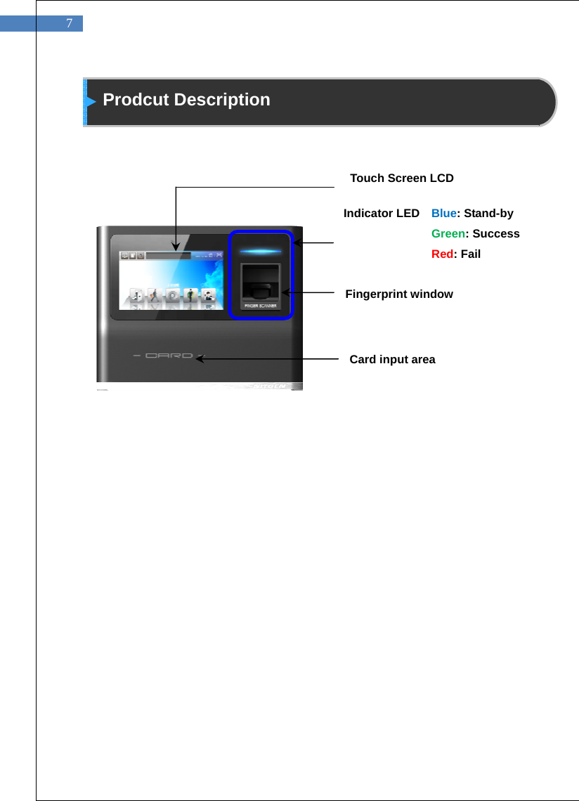  7  Prodcut Description               Touch Screen LCD  Indicator LED    Blue: Stand-by Green: Success Red: Fail Fingerprint window Card input area 