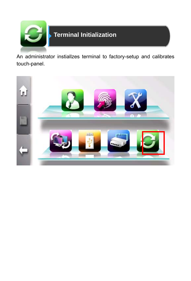                 Terminal Initialization   An administrator instiallzes terminal to factory-setup and calibrates touch-panel.                 