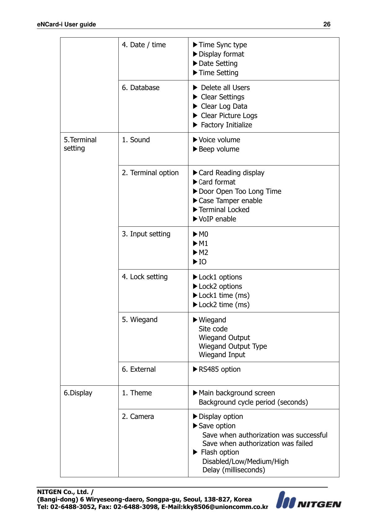 eNCard-i User guide                                                                          26 NITGEN Co., Ltd. /   (Bangi-dong) 6 Wiryeseong-daero, Songpa-gu, Seoul, 138-827, Korea Tel: 02-6488-3052, Fax: 02-6488-3098, E-Mail:kky8506@unioncomm.co.kr 4. Date / time ▶Time Sync type ▶Display format ▶Date Setting ▶Time Setting 6. Database ▶ Delete all Users ▶ Clear Settings ▶ Clear Log Data ▶ Clear Picture Logs ▶ Factory Initialize 5.Terminal setting  1. Sound ▶Voice volume ▶Beep volume    2. Terminal option ▶Card Reading display ▶Card format ▶Door Open Too Long Time ▶Case Tamper enable ▶Terminal Locked ▶VoIP enable 3. Input setting ▶M0 ▶M1 ▶M2 ▶IO 4. Lock setting   ▶Lock1 options ▶Lock2 options ▶Lock1 time (ms) ▶Lock2 time (ms) 5. Wiegand ▶Wiegand Site code Wiegand Output   Wiegand Output Type   Wiegand Input 6. External ▶RS485 option  6.Display 1. Theme ▶Main background screen   Background cycle period (seconds) 2. Camera ▶Display option ▶Save option   Save when authorization was successful   Save when authorization was failed ▶ Flash option    Disabled/Low/Medium/High   Delay (milliseconds) 