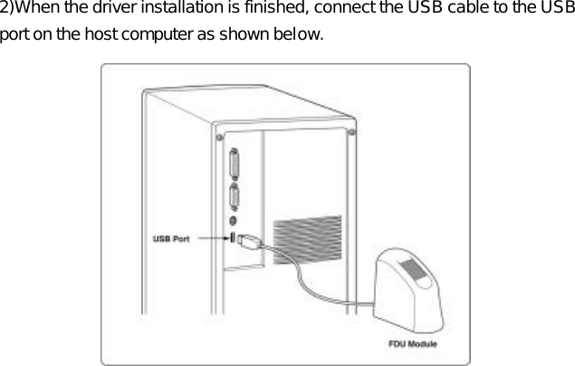   2)When the driver installation is finished, connect the USB cable to the USB port on the host computer as shown below.   