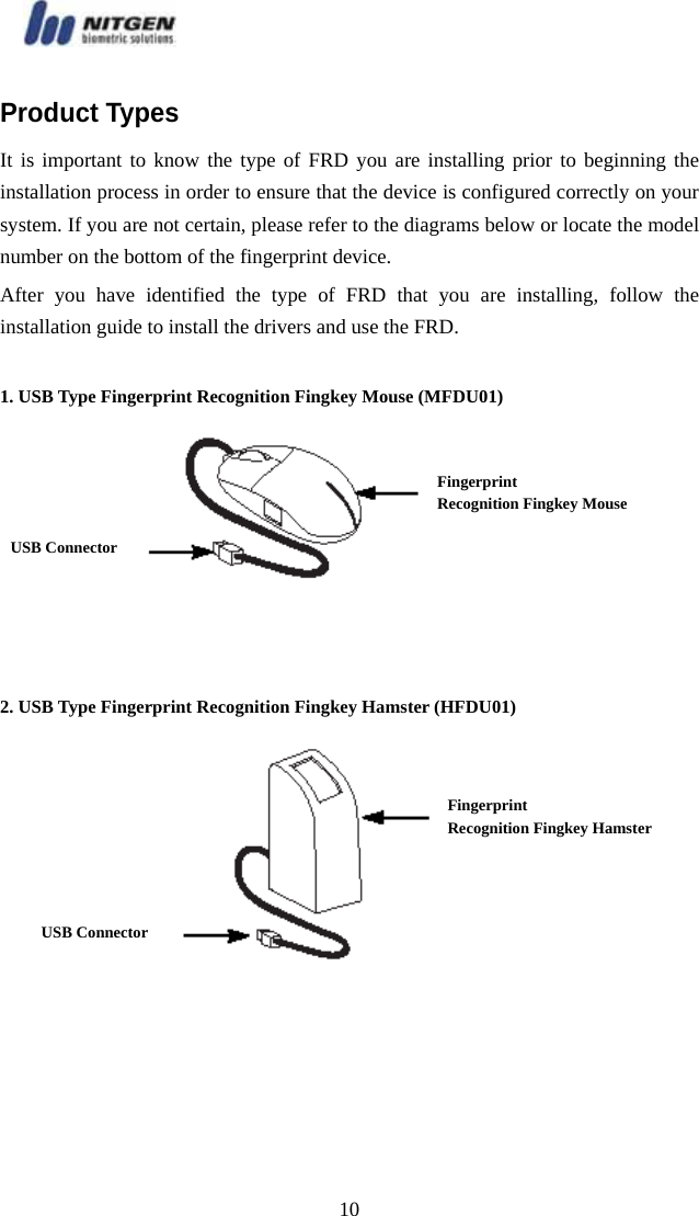   10Product Types It is important to know the type of FRD you are installing prior to beginning the installation process in order to ensure that the device is configured correctly on your system. If you are not certain, please refer to the diagrams below or locate the model number on the bottom of the fingerprint device.   After you have identified the type of FRD that you are installing, follow the installation guide to install the drivers and use the FRD.  1. USB Type Fingerprint Recognition Fingkey Mouse (MFDU01)    2. USB Type Fingerprint Recognition Fingkey Hamster (HFDU01)  USB Connector FingerprintRecognition Fingkey MouseUSB Connector FingerprintRecognition Fingkey Hamster