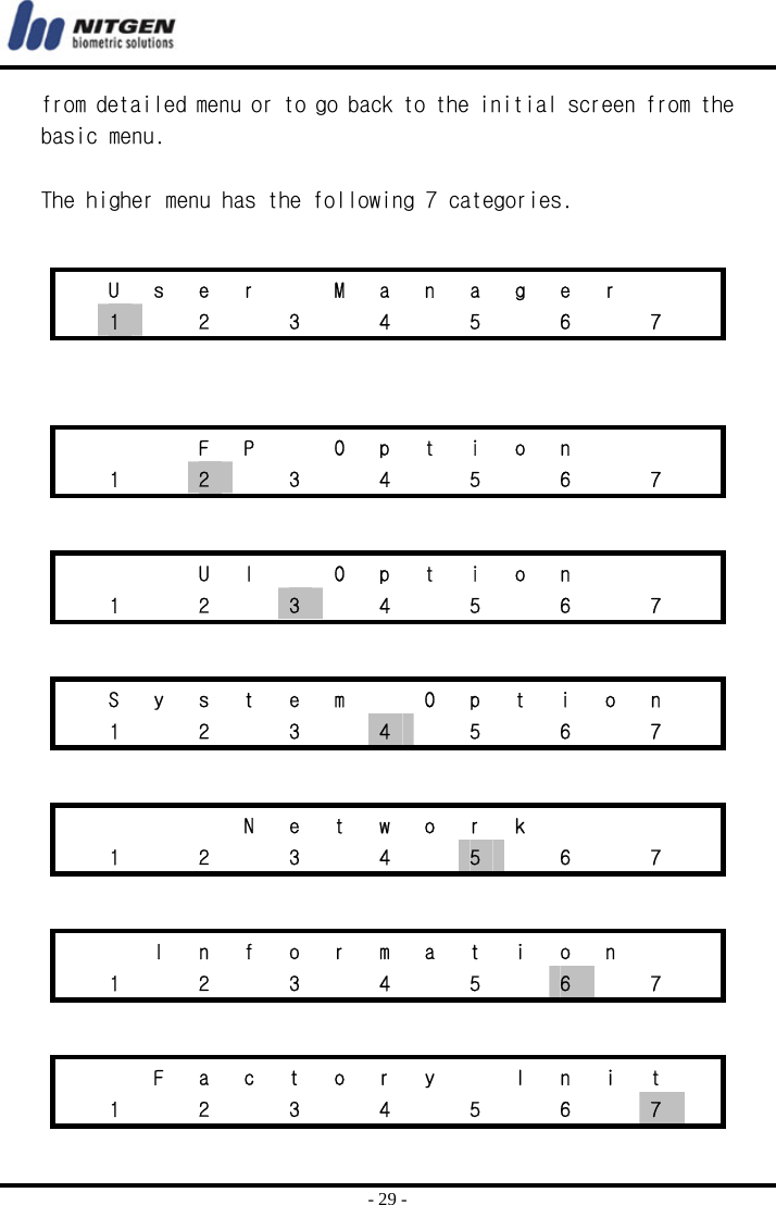  - 29 - from detailed menu or to go back to the initial screen from the basic menu.   The higher menu has the following 7 categories.            U  s  e  r    M  a  n  a  g  e  r      1    2    3    4    5    6    7      F P  O p t i o n     1  2    3    4    5    6    7      U I  O p t i o n     1  2  3    4    5    6    7     S  y  s  t  e  m    O  p  t  i  o  n     1   2   3   4    5    6    7       N e t w o r k       1   2   3   4   5    6    7       I n f o r m a t i o n      1   2   3   4   5   6    7       F a c t o r y   I n i t    1   2   3   4   5   6   7   