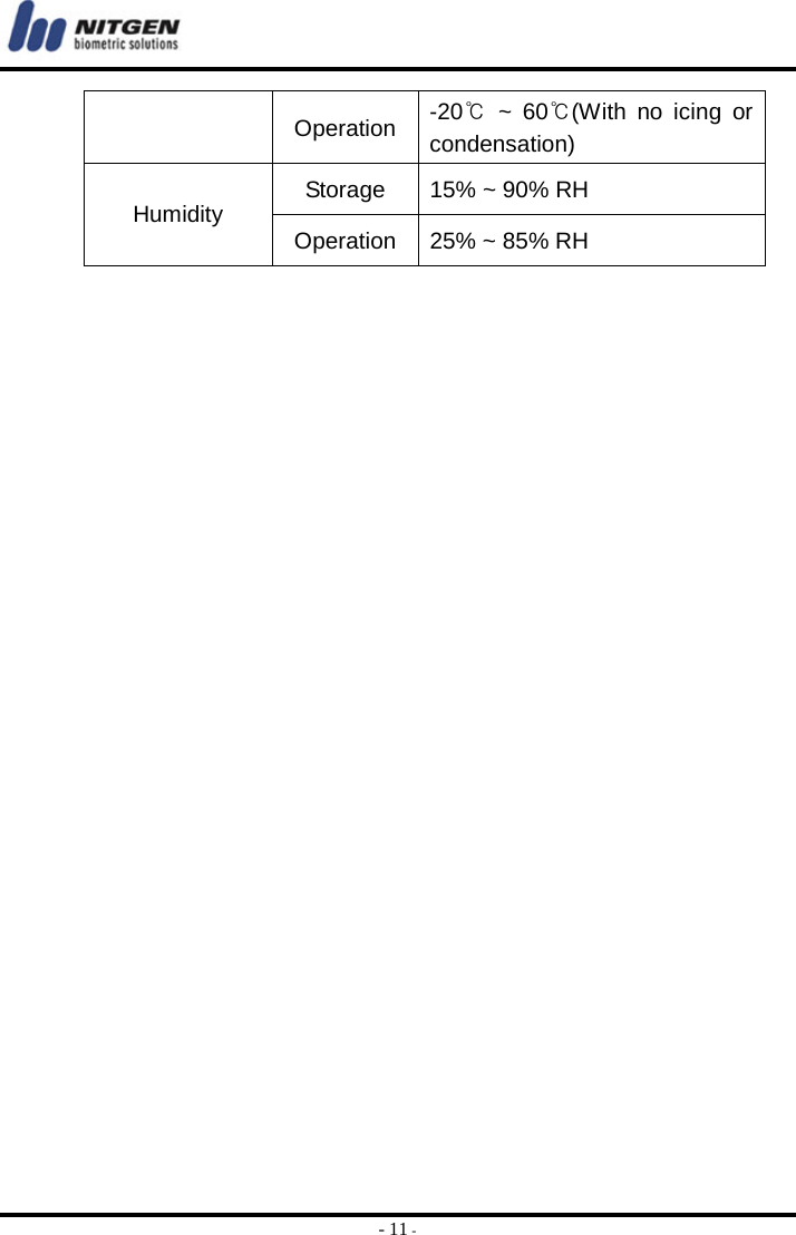  - 11 -  Operation  -20℃ ~ 60℃(With no icing or condensation) Storage  15% ~ 90% RH Humidity  Operation  25% ~ 85% RH  