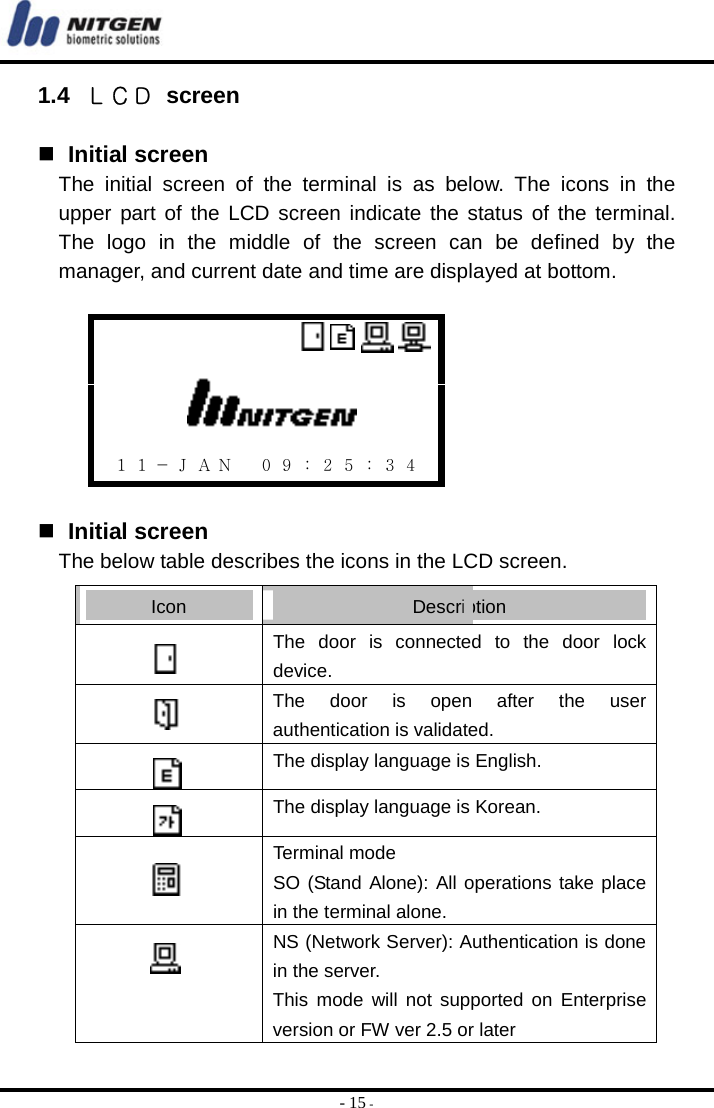  - 15 - 1.4  ＬＣＤ screen    Initial screen The initial screen of the terminal is as below. The icons in the upper part of the LCD screen indicate the status of the terminal. The logo in the middle of the screen can be defined by the manager, and current date and time are displayed at bottom.                                 １ １ － Ｊ Ａ Ｎ  ０ ９ ： ２ ５ ： ３ ４   Initial screen The below table describes the icons in the LCD screen. Icon  Description  The door is connected to the door lock device.  The door is open after the user authentication is validated.  The display language is English.   The display language is Korean.  Terminal mode SO (Stand Alone): All operations take place in the terminal alone.   NS (Network Server): Authentication is done in the server. This mode will not supported on Enterprise version or FW ver 2.5 or later 