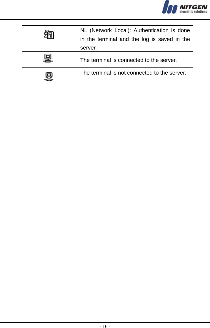  - 16 -   NL (Network Local): Authentication is done in the terminal and the log is saved in the server.  The terminal is connected to the server.   The terminal is not connected to the server.    