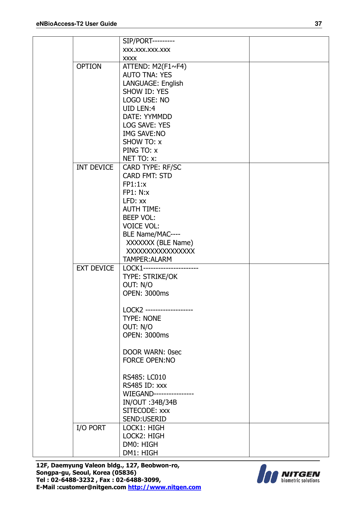 eNBioAccess-T2 User Guide                                                                  37 12F, Daemyung Valeon bldg., 127, Beobwon-ro, Songpa-gu, Seoul, Korea (05836) Tel : 02-6488-3232 , Fax : 02-6488-3099,   E-Mail :customer@nitgen.com http://www.nitgen.com  SIP/PORT---------   xxx.xxx.xxx.xxx xxxx OPTION ATTEND: M2(F1~F4) AUTO TNA: YES LANGUAGE: English SHOW ID: YES LOGO USE: NO UID LEN:4 DATE: YYMMDD LOG SAVE: YES IMG SAVE:NO SHOW TO: x PING TO: x NET TO: x:  INT DEVICE CARD TYPE: RF/SC CARD FMT: STD FP1:1:x FP1: N:x LFD: xx AUTH TIME: BEEP VOL: VOICE VOL: BLE Name/MAC----  XXXXXXX (BLE Name)   XXXXXXXXXXXXXXXXX TAMPER:ALARM  EXT DEVICE LOCK1---------------------- TYPE: STRIKE/OK OUT: N/O OPEN: 3000ms  LOCK2 ------------------- TYPE: NONE OUT: N/O OPEN: 3000ms  DOOR WARN: 0sec FORCE OPEN:NO  RS485: LC010 RS485 ID: xxx WIEGAND---------------- IN/OUT :34B/34B   SITECODE: xxx SEND:USERID  I/O PORT LOCK1: HIGH LOCK2: HIGH DM0: HIGH DM1: HIGH  