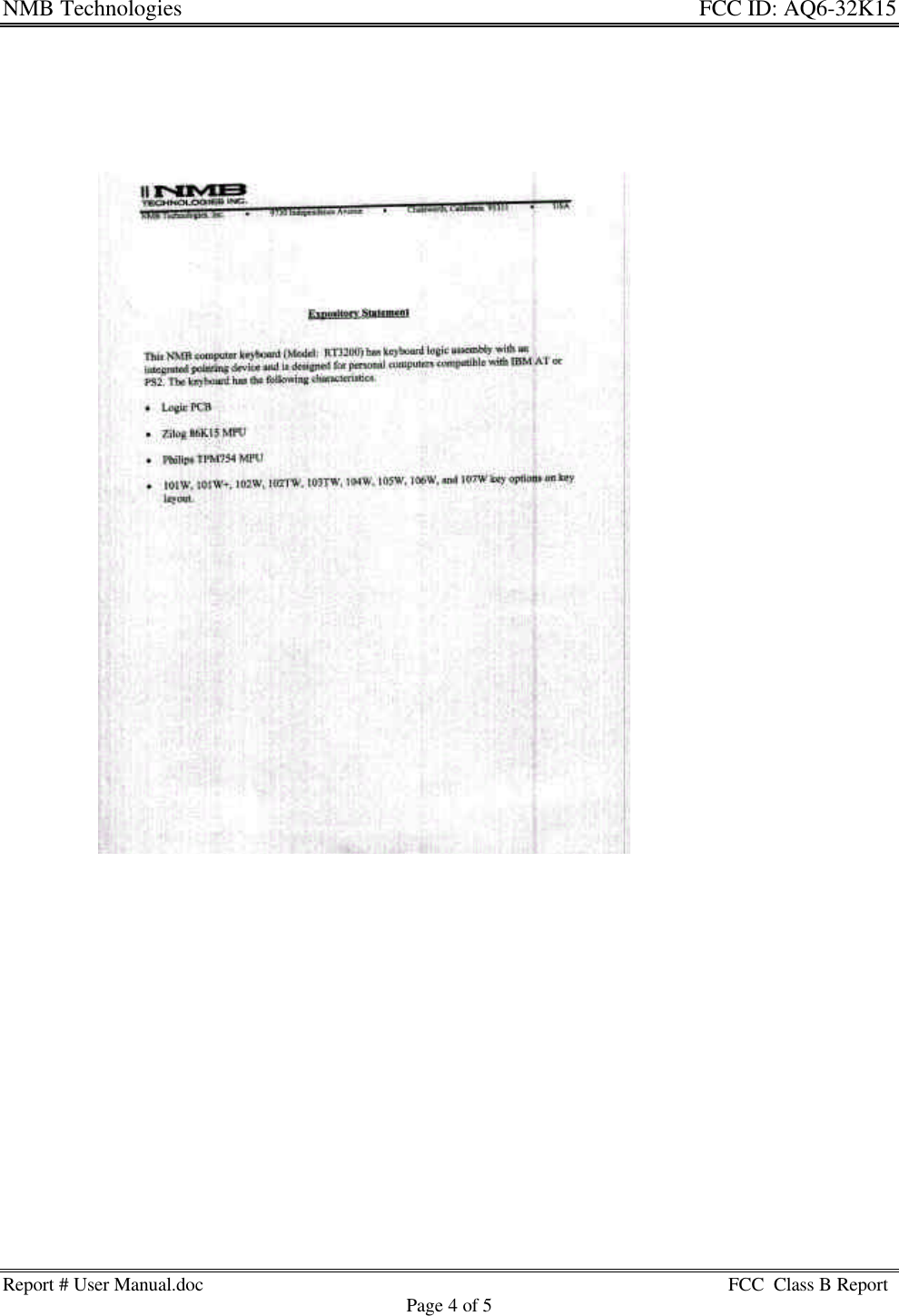 NMB Technologies FCC ID: AQ6-32K15Report # User Manual.doc FCC  Class B ReportPage 4 of 5