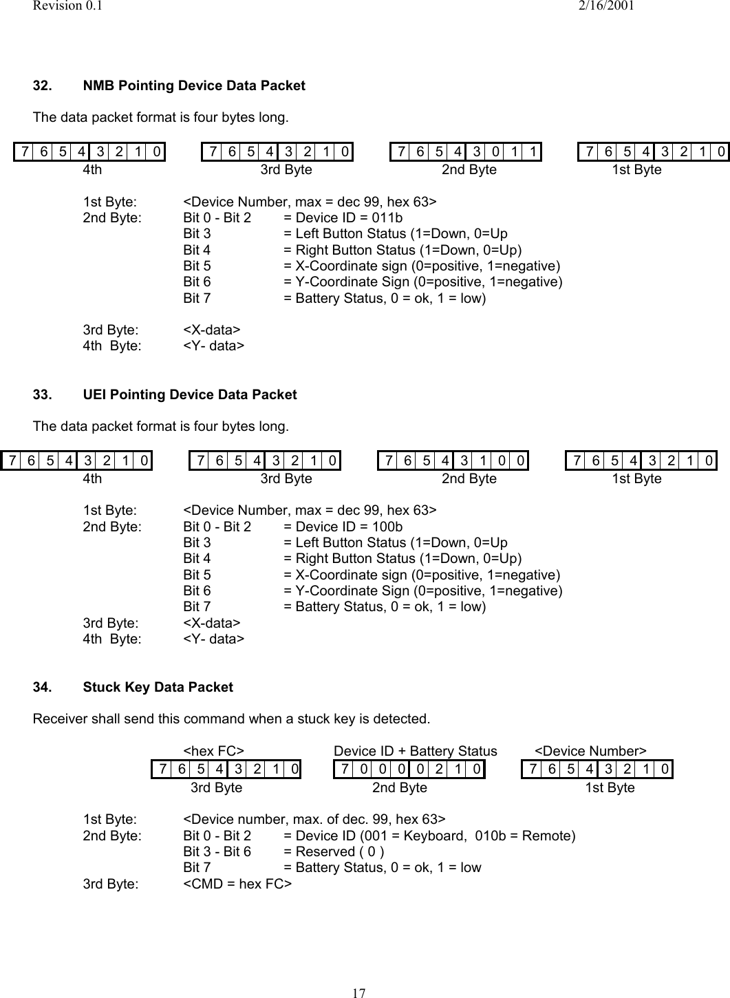 Revision 0.1    2/16/2001  17     32.   NMB Pointing Device Data Packet    The data packet format is four bytes long.  7 6 5 4 3 2 1 0     7 6 5 4 3 2 1 0       7 6 5 4 3 0 1 1       7 6 5 4 3 2 1 0   4th             3rd Byte        2nd Byte           1st Byte  1st Byte:  &lt;Device Number, max = dec 99, hex 63&gt; 2nd Byte:  Bit 0 - Bit 2   = Device ID = 011b            Bit 3          = Left Button Status (1=Down, 0=Up    Bit 4  = Right Button Status (1=Down, 0=Up)    Bit 5  = X-Coordinate sign (0=positive, 1=negative)    Bit 6  = Y-Coordinate Sign (0=positive, 1=negative)       Bit 7    = Battery Status, 0 = ok, 1 = low)      3rd Byte:  &lt;X-data&gt; 4th  Byte:  &lt;Y- data&gt;   33.  UEI Pointing Device Data Packet    The data packet format is four bytes long.  7 6 5 4 3 2 1 0     7 6 5 4 3 2 1 0       7 6 5 4 3 1 0 0       7 6 5 4 3 2 1 0 4th             3rd Byte        2nd Byte           1st Byte  1st Byte:  &lt;Device Number, max = dec 99, hex 63&gt; 2nd Byte:  Bit 0 - Bit 2   = Device ID = 100b         Bit 3  = Left Button Status (1=Down, 0=Up    Bit 4  = Right Button Status (1=Down, 0=Up)    Bit 5  = X-Coordinate sign (0=positive, 1=negative)    Bit 6  = Y-Coordinate Sign (0=positive, 1=negative)       Bit 7    = Battery Status, 0 = ok, 1 = low)  3rd Byte:  &lt;X-data&gt; 4th  Byte:  &lt;Y- data&gt;   34.   Stuck Key Data Packet  Receiver shall send this command when a stuck key is detected.        &lt;hex FC&gt;    Device ID + Battery Status   &lt;Device Number&gt;   7 6 5 4 3 2 1 0     7 0 0 0 0 2 1 0       7 6 5 4 3 2 1 0                                          3rd Byte              2nd Byte        1st Byte  1st Byte:  &lt;Device number, max. of dec. 99, hex 63&gt; 2nd Byte:  Bit 0 - Bit 2   = Device ID (001 = Keyboard,  010b = Remote)          Bit 3 - Bit 6   = Reserved ( 0 ) Bit 7         = Battery Status, 0 = ok, 1 = low     3rd Byte:  &lt;CMD = hex FC&gt;      