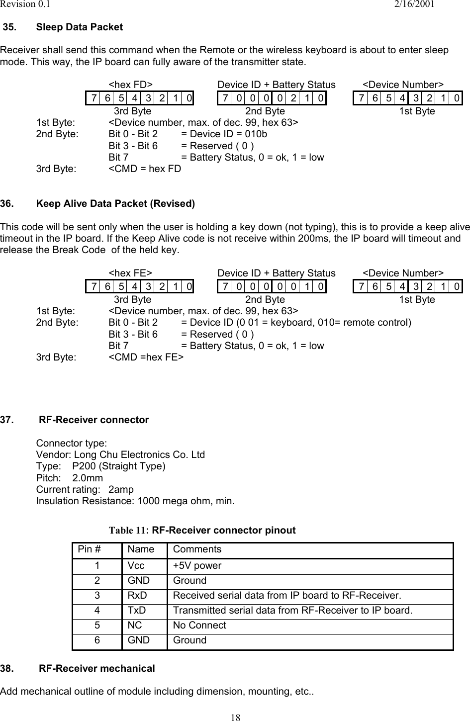 Revision 0.1    2/16/2001  18   35.   Sleep Data Packet  Receiver shall send this command when the Remote or the wireless keyboard is about to enter sleep mode. This way, the IP board can fully aware of the transmitter state.        &lt;hex FD&gt;    Device ID + Battery Status   &lt;Device Number&gt;   7 6 5 4 3 2 1 0     7 0 0 0 0 2 1 0       7 6 5 4 3 2 1 0                                          3rd Byte              2nd Byte        1st Byte 1st Byte:  &lt;Device number, max. of dec. 99, hex 63&gt; 2nd Byte:  Bit 0 - Bit 2   = Device ID = 010b          Bit 3 - Bit 6   = Reserved ( 0 ) Bit 7         = Battery Status, 0 = ok, 1 = low     3rd Byte:  &lt;CMD = hex FD   36.   Keep Alive Data Packet (Revised)  This code will be sent only when the user is holding a key down (not typing), this is to provide a keep alive timeout in the IP board. If the Keep Alive code is not receive within 200ms, the IP board will timeout and release the Break Code  of the held key.        &lt;hex FE&gt;    Device ID + Battery Status   &lt;Device Number&gt;   7 6 5 4 3 2 1 0     7 0 0 0 0 0 1 0       7 6 5 4 3 2 1 0                                          3rd Byte              2nd Byte        1st Byte 1st Byte:  &lt;Device number, max. of dec. 99, hex 63&gt; 2nd Byte:  Bit 0 - Bit 2   = Device ID (0 01 = keyboard, 010= remote control)          Bit 3 - Bit 6   = Reserved ( 0 ) Bit 7         = Battery Status, 0 = ok, 1 = low     3rd Byte:  &lt;CMD =hex FE&gt;     37.   RF-Receiver connector  Connector type:  Vendor: Long Chu Electronics Co. Ltd Type: P200 (Straight Type) Pitch: 2.0mm Current rating:  2amp Insulation Resistance: 1000 mega ohm, min.  Table 11: RF-Receiver connector pinout Pin #  Name  Comments 1 Vcc +5V power 2 GND Ground 3  RxD  Received serial data from IP board to RF-Receiver. 4  TxD  Transmitted serial data from RF-Receiver to IP board. 5 NC  No Connect 6 GND Ground  38.   RF-Receiver mechanical  Add mechanical outline of module including dimension, mounting, etc..  