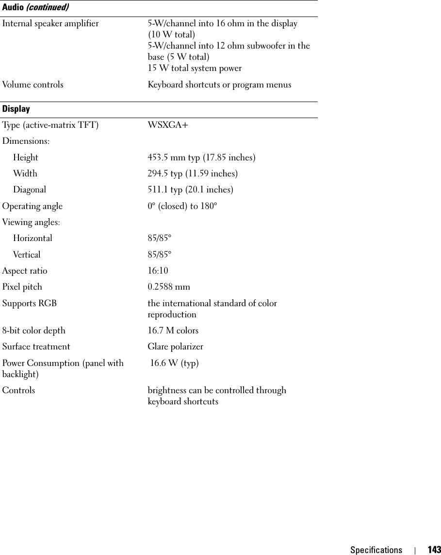 Specifications 143Internal speaker amplifier 5-W/channel into 16 ohm in the display (10 W total)5-W/channel into 12 ohm subwoofer in the base (5 W total)15 W total system powerVolume controls Keyboard shortcuts or program menusDisplayType (active-matrix TFT) WSXGA+Dimensions:Height453.5 mm typ (17.85 inches) Width294.5 typ (11.59 inches)Diagonal511.1 typ (20.1 inches)Operating angle 0° (closed) to 180° Viewing angles:Horizontal85/85° Vertical85/85° Aspect ratio 16:10Pixel pitch 0.2588 mmSupports RGB the international standard of color reproduction8-bit color depth 16.7 M colorsSurface treatment Glare polarizerPower Consumption (panel with backlight)16.6 W (typ) Controls brightness can be controlled through keyboard shortcutsAudio (continued)
