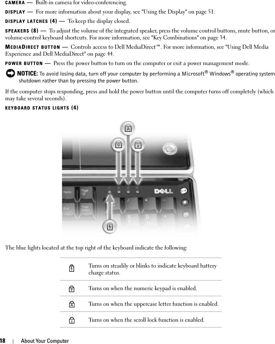 18 About Your ComputerCAMERA —Built-in camera for video-conferencing. DISPLAY —For more information about your display, see &quot;Using the Display&quot; on page 51.DISPLAY LATCHES (4) — To keep the display closed.SPEAKERS (8) — To adjust the volume of the integrated speaker, press the volume control buttons, mute button, or volume-control keyboard shortcuts. For more information, see &quot;Key Combinations&quot; on page 34.MEDIADIRECT BUTTON —Controls access to Dell MediaDirect™. For more information, see &quot;Using Dell Media Experience and Dell MediaDirect&quot; on page 44. POWER BUTTON —Press the power button to turn on the computer or exit a power management mode. NOTICE: To avoid losing data, turn off your computer by performing a Microsoft® Windows® operating system shutdown rather than by pressing the power button.If the computer stops responding, press and hold the power button until the computer turns off completely (which may take several seconds).KEYBOARD STATUS LIGHTS (4)The blue lights located at the top right of the keyboard indicate the following:Turns on steadily or blinks to indicate keyboard battery charge status.Turns on when the numeric keypad is enabled.Turns on when the uppercase letter function is enabled.Turns on when the scroll lock function is enabled.9A