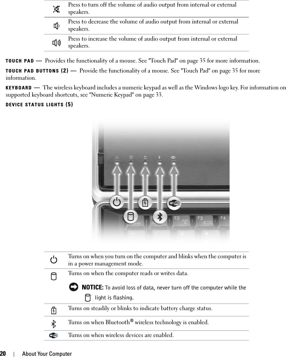 20 About Your ComputerTOUCH PAD —Provides the functionality of a mouse. See &quot;Touch Pad&quot; on page 35 for more information.TOUCH PAD BUTTONS (2) — Provide the functionality of a mouse. See &quot;Touch Pad&quot; on page 35 for more information. KEYBOARD —The wireless keyboard includes a numeric keypad as well as the Windows logo key. For information on supported keyboard shortcuts, see &quot;Numeric Keypad&quot; on page 33.DEVICE STATUS LIGHTS (5)Press to turn off the volume of audio output from internal or external speakers. Press to decrease the volume of audio output from internal or external speakers. Press to increase the volume of audio output from internal or external speakers. Turns on when you turn on the computer and blinks when the computer is in a power management mode. Turns on when the computer reads or writes data. NOTICE: To avoid loss of data, never turn off the computer while the  light is flashing.Turns on steadily or blinks to indicate battery charge status. Turns on when Bluetooth® wireless technology is enabled. Turns on when wireless devices are enabled.