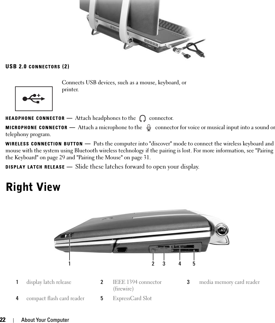 22 About Your ComputerUSB 2.0 CONNECTORS (2)HEADPHONE CONNECTOR —Attach headphones to the   connector.MICROPHONE CONNECTOR —Attach a microphone to the   connector for voice or musical input into a sound or telephony program.WIRELESS CONNECTION BUTTON —Puts the computer into &quot;discover&quot; mode to connect the wireless keyboard and mouse with the system using Bluetooth wireless technology if the pairing is lost. For more information, see &quot;Pairing the Keyboard&quot; on page 29 and &quot;Pairing the Mouse&quot; on page 31. DISPLAY LATCH RELEASE —Slide these latches forward to open your display. Right ViewConnects USB devices, such as a mouse, keyboard, or printer. 1display latch release2IEEE 1394 connector (firewire)3media memory card reader4compact flash card reader5ExpressCard Slot1 2 3 4 5