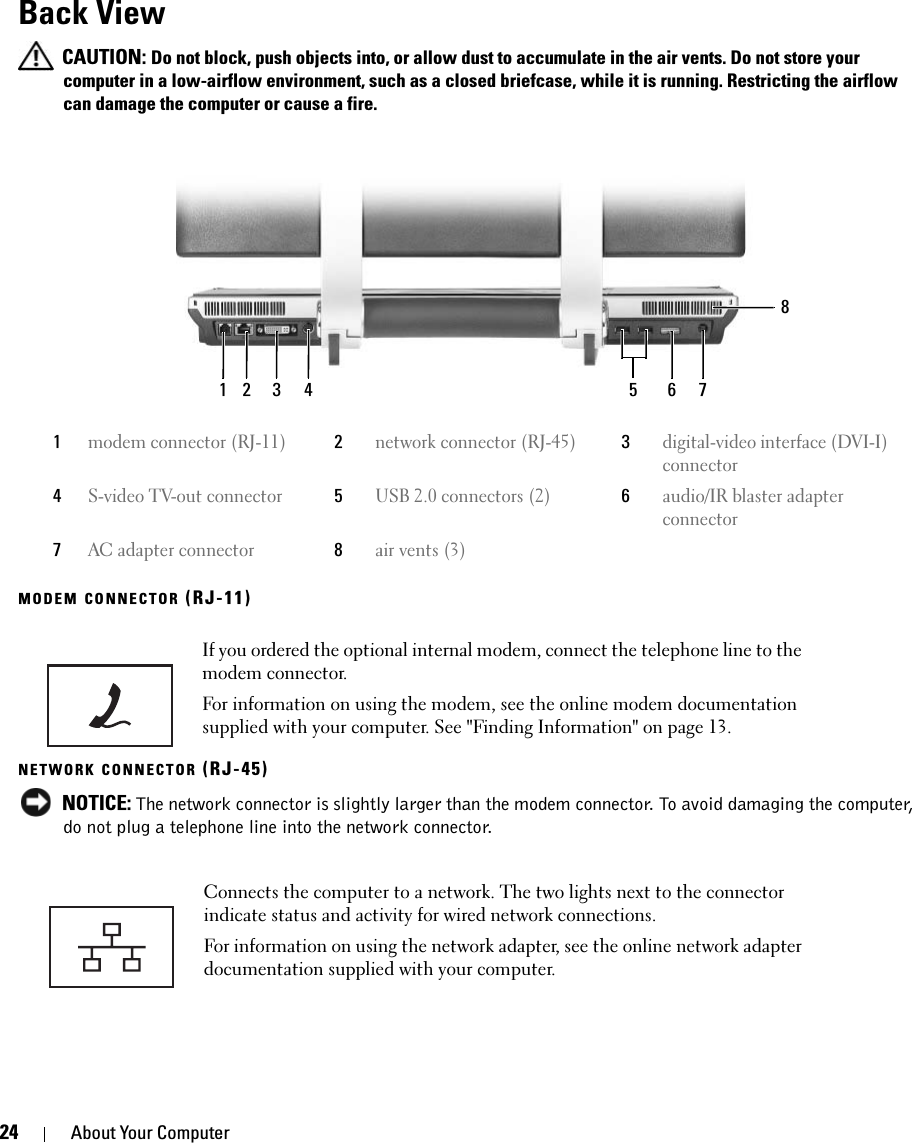 24 About Your ComputerBack View CAUTION: Do not block, push objects into, or allow dust to accumulate in the air vents. Do not store your computer in a low-airflow environment, such as a closed briefcase, while it is running. Restricting the airflow can damage the computer or cause a fire.MODEM CONNECTOR (RJ-11)NETWORK CONNECTOR (RJ-45) NOTICE: The network connector is slightly larger than the modem connector. To avoid damaging the computer, do not plug a telephone line into the network connector.1modem connector (RJ-11)2network connector (RJ-45)3digital-video interface (DVI-I) connector4S-video TV-out connector5USB 2.0 connectors (2) 6audio/IR blaster adapter connector7AC adapter connector8air vents (3)If you ordered the optional internal modem, connect the telephone line to the modem connector.For information on using the modem, see the online modem documentation supplied with your computer. See &quot;Finding Information&quot; on page 13.Connects the computer to a network. The two lights next to the connector indicate status and activity for wired network connections.For information on using the network adapter, see the online network adapter documentation supplied with your computer.1 2 3 4 65 78