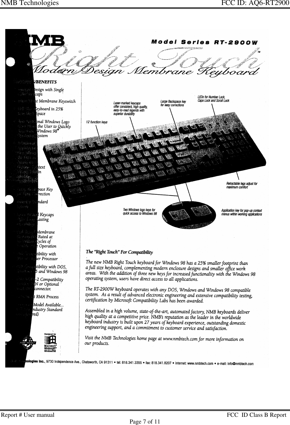 NMB Technologies  FCC ID: AQ6-RT2900Report # User manual FCC  ID Class B ReportPage 7 of 11