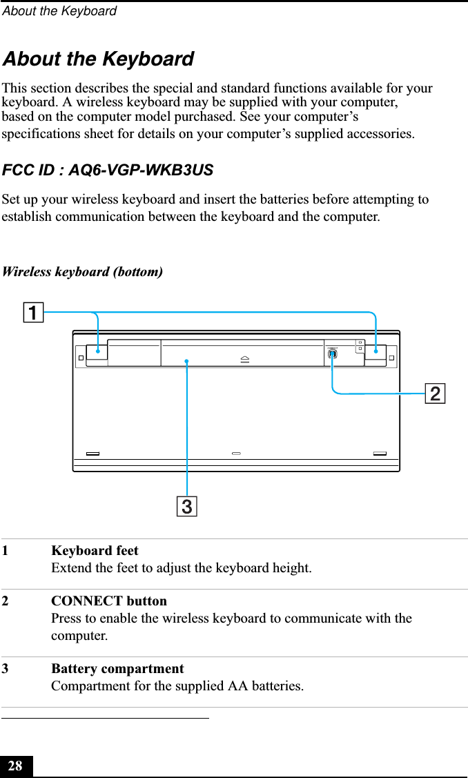 About the Keyboard28About the Keyboard This section describes the special and standard functions available for your keyboard. A wireless keyboard may be supplied with your computer, based on the computer model purchased. See your computer’s specifications sheet for details on your computer’s supplied accessories.FCC ID : AQ6-VGP-WKB3USSet up your wireless keyboard and insert the batteries before attempting to establish communication between the keyboard and the computer. Wireless keyboard (bottom)1 Keyboard feetExtend the feet to adjust the keyboard height.2 CONNECT buttonPress to enable the wireless keyboard to communicate with the computer.3 Battery compartmentCompartment for the supplied AA batteries.