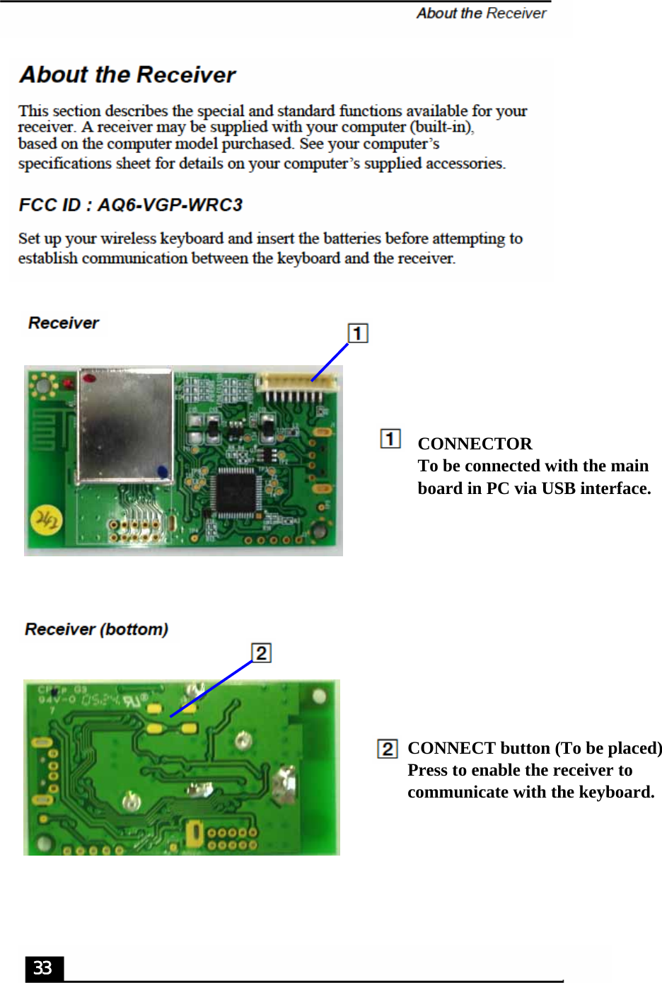 33CONNECT button (To be placed)Press to enable the receiver tocommunicate with the keyboard.CONNECTORTo be connected with the mainboard in PC via USB interface.