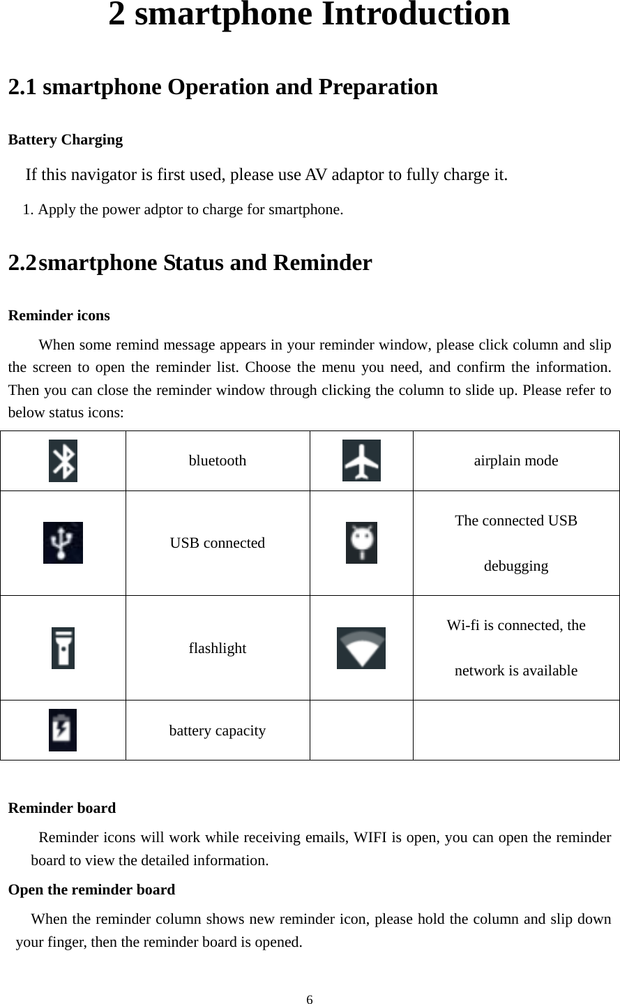     62 smartphone Introduction 2.1 smartphone Operation and Preparation Battery Charging If this navigator is first used, please use AV adaptor to fully charge it. 1. Apply the power adptor to charge for smartphone. 2.2 smartphone Status and Reminder Reminder icons When some remind message appears in your reminder window, please click column and slip the screen to open the reminder list. Choose the menu you need, and confirm the information. Then you can close the reminder window through clicking the column to slide up. Please refer to below status icons:    bluetooth  airplain mode  USB connected   The connected USB debugging  flashlight   Wi-fi is connected, the network is available  battery capacity     Reminder board   Reminder icons will work while receiving emails, WIFI is open, you can open the reminder board to view the detailed information. Open the reminder board When the reminder column shows new reminder icon, please hold the column and slip down your finger, then the reminder board is opened.  