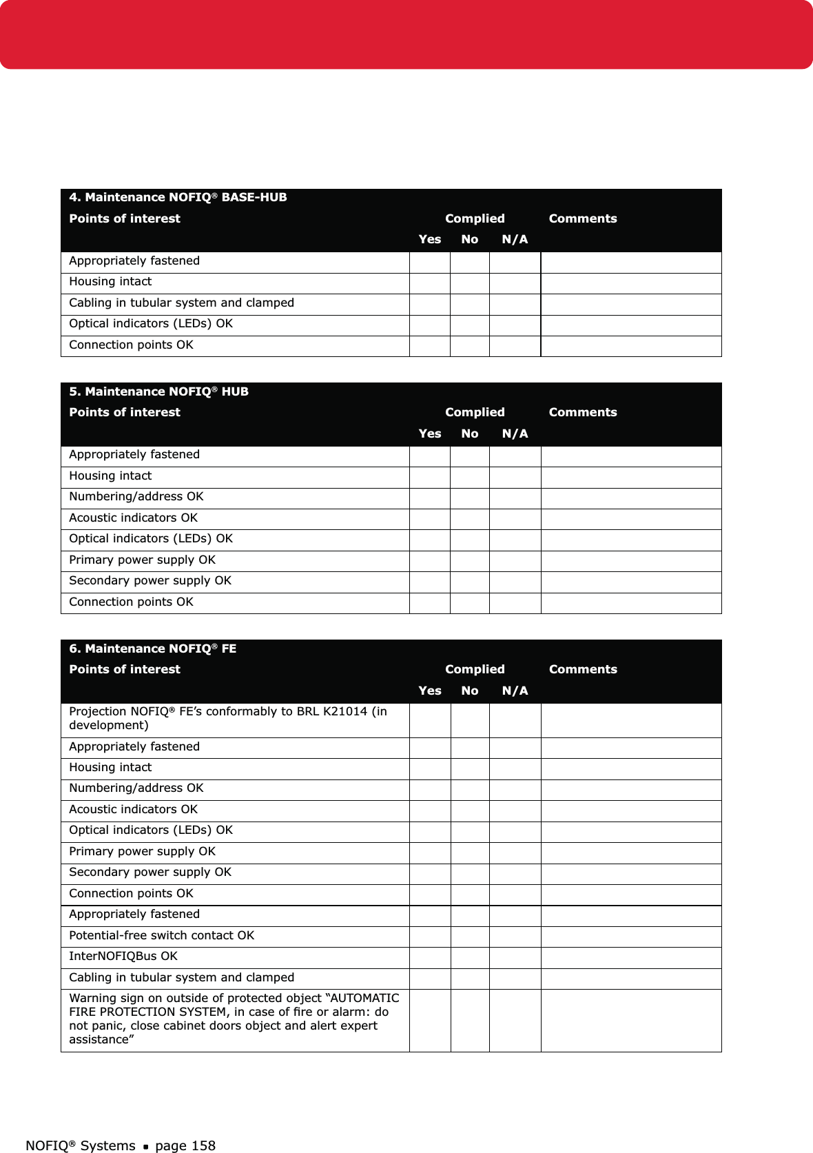 NOFIQ® Systems page 1584. Maintenance NOFIQ® BASE-HUB Points of interest Complied CommentsYes No N/AAppropriately fastened Housing intactCabling in tubular system and clamped Optical indicators (LEDs) OKConnection points OK5. Maintenance NOFIQ® HUBPoints of interest Complied CommentsYes No N/AAppropriately fastened Housing intactNumbering/address OKAcoustic indicators OKOptical indicators (LEDs) OKPrimary power supply OKSecondary power supply OKConnection points OK6. Maintenance NOFIQ® FE Points of interest Complied CommentsYes No N/AProjection NOFIQ® FE’s conformably to BRL K21014 (in development)Appropriately fastened Housing intactNumbering/address OKAcoustic indicators OKOptical indicators (LEDs) OKPrimary power supply OKSecondary power supply OKConnection points OKAppropriately fastened Potential-free switch contact OKInterNOFIQBus OK Cabling in tubular system and clampedWarning sign on outside of protected object “AUTOMATIC FIRE PROTECTION SYSTEM, in case of ﬁre or alarm: do not panic, close cabinet doors object and alert expert assistance”