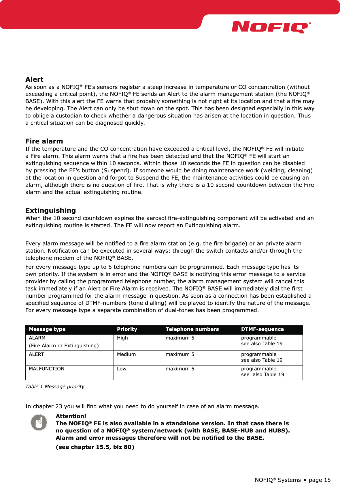 page 15NOFIQ® SystemsAlertAs soon as a NOFIQ® FE’s sensors register a steep increase in temperature or CO concentration (without exceeding a critical point), the NOFIQ® FE sends an Alert to the alarm management station (the NOFIQ® BASE). With this alert the FE warns that probably something is not right at its location and that a ﬁre may be developing. The Alert can only be shut down on the spot. This has been designed especially in this way to oblige a custodian to check whether a dangerous situation has arisen at the location in question. Thus a critical situation can be diagnosed quickly.Fire alarmIf the temperature and the CO concentration have exceeded a critical level, the NOFIQ® FE will initiate a Fire alarm. This alarm warns that a ﬁre has been detected and that the NOFIQ® FE will start an extinguishing sequence within 10 seconds. Within those 10 seconds the FE in question can be disabled by pressing the FE’s button (Suspend). If someone would be doing maintenance work (welding, cleaning) at the location in question and forgot to Suspend the FE, the maintenance activities could be causing an alarm, although there is no question of ﬁre. That is why there is a 10 second-countdown between the Fire alarm and the actual extinguishing routine.ExtinguishingWhen the 10 second countdown expires the aerosol ﬁre-extinguishing component will be activated and an extinguishing routine is started. The FE will now report an Extinguishing alarm. Every alarm message will be notiﬁed to a ﬁre alarm station (e.g. the ﬁre brigade) or an private alarm station. Notiﬁcation can be executed in several ways: through the switch contacts and/or through the telephone modem of the NOFIQ® BASE.For every message type up to 5 telephone numbers can be programmed. Each message type has its own priority. If the system is in error and the NOFIQ® BASE is notifying this error message to a service provider by calling the programmed telephone number, the alarm management system will cancel this task immediately if an Alert or Fire Alarm is received. The NOFIQ® BASE will immediately dial the ﬁrst number programmed for the alarm message in question. As soon as a connection has been established a speciﬁed sequence of DTMF-numbers (tone dialling) will be played to identify the nature of the message. For every message type a separate combination of dual-tones has been programmed. Message type Priority Telephone numbers DTMF-sequenceALARM (Fire Alarm or Extinguishing)High maximum 5 programmable see also Table 19ALERT Medium maximum 5 programmable see also Table 19MALFUNCTION Low maximum 5 programmable see  also Table 19Table 1 Message priorityIn chapter 23 you will ﬁnd what you need to do yourself in case of an alarm message.Attention! The NOFIQ® FE is also available in a standalone version. In that case there is no question of a NOFIQ® system/network (with BASE, BASE-HUB and HUBS). Alarm and error messages therefore will not be notiﬁed to the BASE. (see chapter 15.5, blz 80)