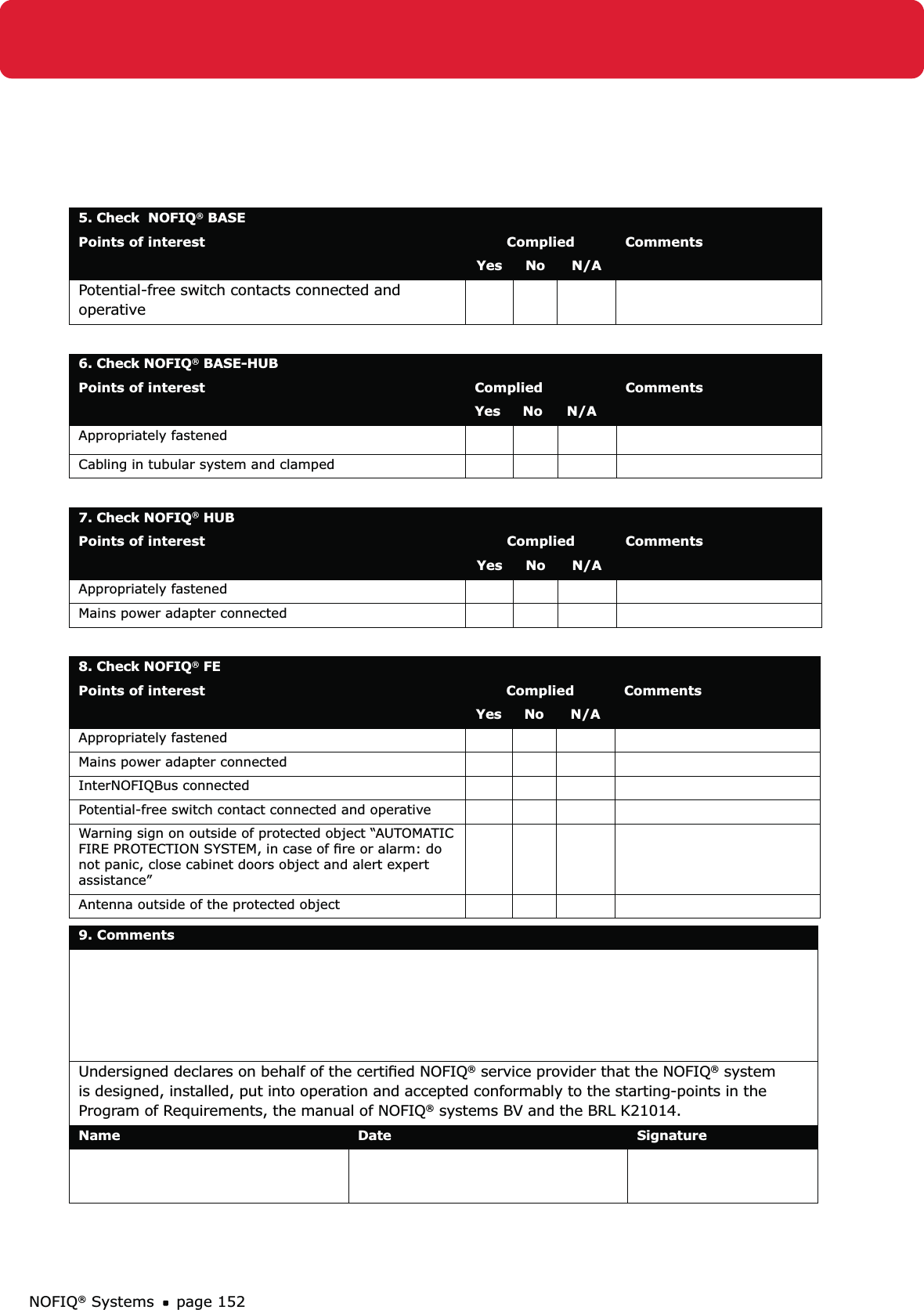 NOFIQ® Systems page 1525. Check  NOFIQ® BASE Points of interest Complied CommentsYes No N/APotential-free switch contacts connected and operative 6. Check NOFIQ® BASE-HUB Points of interest Complied CommentsYes No N/AAppropriately fastened Cabling in tubular system and clamped7. Check NOFIQ® HUBPoints of interest Complied CommentsYes No N/AAppropriately fastened Mains power adapter connected8. Check NOFIQ® FE Points of interest Complied CommentsYes No N/AAppropriately fastened Mains power adapter connectedInterNOFIQBus connected Potential-free switch contact connected and operative Warning sign on outside of protected object “AUTOMATIC FIRE PROTECTION SYSTEM, in case of ﬁre or alarm: do not panic, close cabinet doors object and alert expert assistance”Antenna outside of the protected object9. Comments  Undersigned declares on behalf of the certiﬁed NOFIQ® service provider that the NOFIQ® system is designed, installed, put into operation and accepted conformably to the starting-points in the Program of Requirements, the manual of NOFIQ® systems BV and the BRL K21014.Name Date Signature