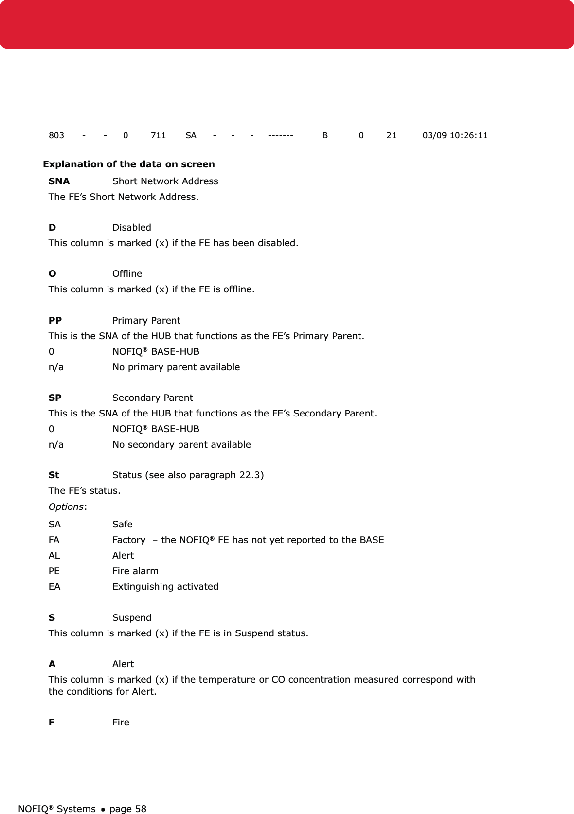 NOFIQ® Systems page 58803 - - 0 711 SA - - - ------- B 0 21 03/09 10:26:11Explanation of the data on screenSNA Short Network AddressThe FE’s Short Network Address.DDisabled This column is marked (x) if the FE has been disabled. OOfﬂineThis column is marked (x) if the FE is ofﬂine. PP Primary ParentThis is the SNA of the HUB that functions as the FE’s Primary Parent.0 NOFIQ® BASE-HUBn/a No primary parent availableSP Secondary ParentThis is the SNA of the HUB that functions as the FE’s Secondary Parent.0 NOFIQ® BASE-HUBn/a No secondary parent availableSt Status (see also paragraph 22.3)The FE’s status.Options:SA Safe FA Factory  – the NOFIQ® FE has not yet reported to the BASEAL Alert PE Fire alarm EA Extinguishing activated SSuspendThis column is marked (x) if the FE is in Suspend status.AAlert This column is marked (x) if the temperature or CO concentration measured correspond with the conditions for Alert.FFire