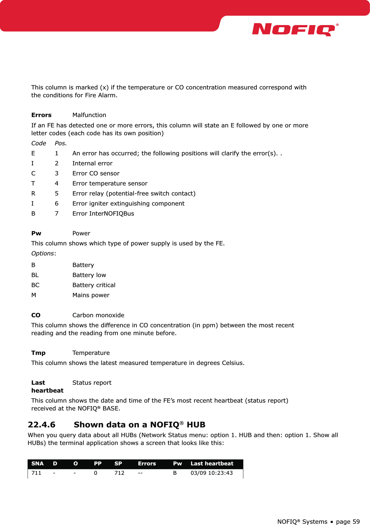 page 59NOFIQ® SystemsThis column is marked (x) if the temperature or CO concentration measured correspond with the conditions for Fire Alarm.Errors MalfunctionIf an FE has detected one or more errors, this column will state an E followed by one or more letter codes (each code has its own position)Code Pos.E 1 An error has occurred; the following positions will clarify the error(s). .I 2 Internal error C 3 Error CO sensorT 4 Error temperature sensorR 5 Error relay (potential-free switch contact)I 6 Error igniter extinguishing component B 7 Error InterNOFIQBusPw Power This column shows which type of power supply is used by the FE.Options:B Battery BL Battery low BC Battery critical  M Mains power CO Carbon monoxideThis column shows the difference in CO concentration (in ppm) between the most recent reading and the reading from one minute before. Tmp TemperatureThis column shows the latest measured temperature in degrees Celsius.Last heartbeatStatus reportThis column shows the date and time of the FE’s most recent heartbeat (status report) received at the NOFIQ® BASE.22.4.6  Shown data on a NOFIQ® HUBWhen you query data about all HUBs (Network Status menu: option 1. HUB and then: option 1. Show all HUBs) the terminal application shows a screen that looks like this:SNA D O PP SP Errors Pw Last heartbeat711 - - 0 712 -- B 03/09 10:23:43