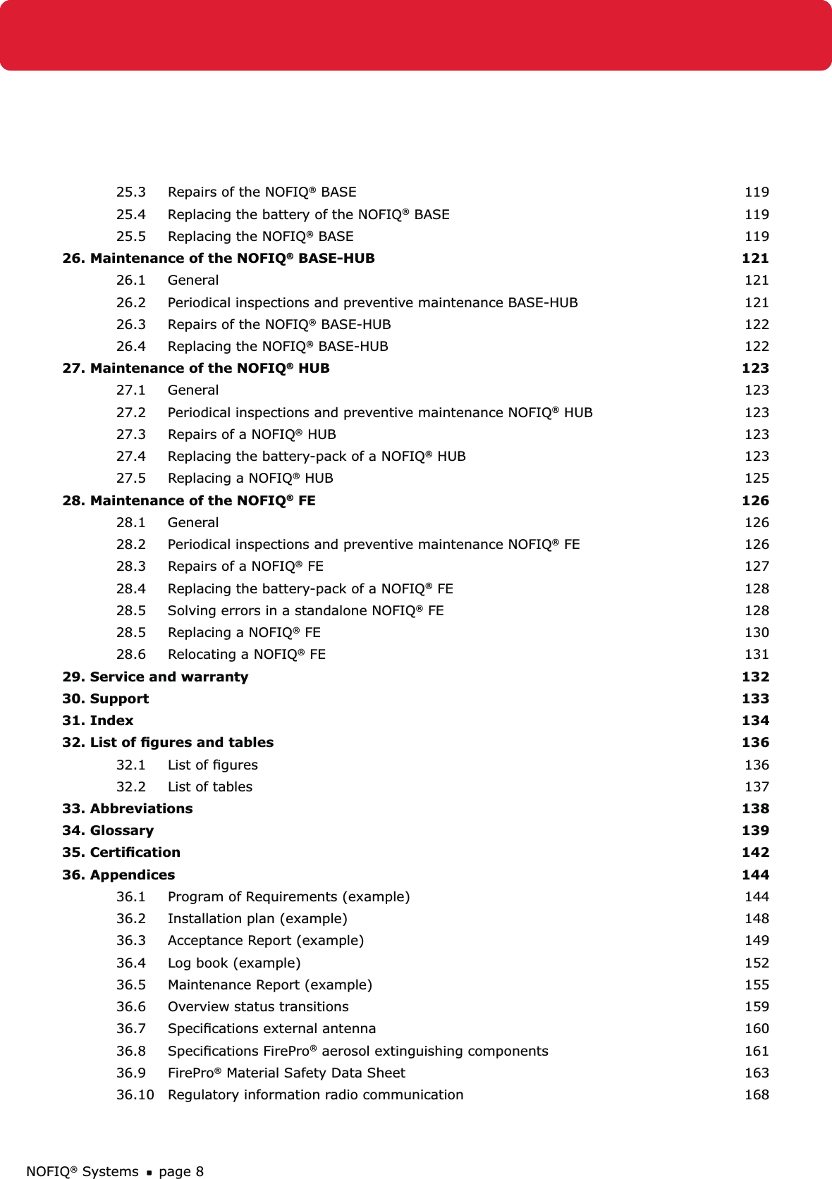 NOFIQ® Systems page 825.3  Repairs of the NOFIQ® BASE  11925.4  Replacing the battery of the NOFIQ® BASE  11925.5  Replacing the NOFIQ® BASE  11926. Maintenance of the NOFIQ® BASE-HUB  12126.1 General  12126.2  Periodical inspections and preventive maintenance BASE-HUB  12126.3  Repairs of the NOFIQ® BASE-HUB  12226.4  Replacing the NOFIQ® BASE-HUB  12227. Maintenance of the NOFIQ® HUB  12327.1 General  12327.2  Periodical inspections and preventive maintenance NOFIQ® HUB  12327.3  Repairs of a NOFIQ® HUB  12327.4  Replacing the battery-pack of a NOFIQ® HUB  12327.5  Replacing a NOFIQ® HUB  12528. Maintenance of the NOFIQ® FE  12628.1 General  12628.2  Periodical inspections and preventive maintenance NOFIQ® FE  12628.3  Repairs of a NOFIQ® FE  12728.4  Replacing the battery-pack of a NOFIQ® FE  12828.5  Solving errors in a standalone NOFIQ® FE  12828.5  Replacing a NOFIQ® FE  13028.6  Relocating a NOFIQ® FE  13129. Service and warranty  13230. Support  13331. Index  13432. List of ﬁgures and tables  13632.1  List of ﬁgures   13632.2  List of tables  13733. Abbreviations  13834. Glossary  13935. Certiﬁcation  14236. Appendices  14436.1  Program of Requirements (example)  14436.2  Installation plan (example)  14836.3  Acceptance Report (example)  14936.4  Log book (example)  15236.5 Maintenance Report (example)  15536.6  Overview status transitions  15936.7  Speciﬁcations external antenna  16036.8 Speciﬁcations FirePro® aerosol extinguishing components  16136.9 FirePro® Material Safety Data Sheet   16336.10  Regulatory information radio communication  168