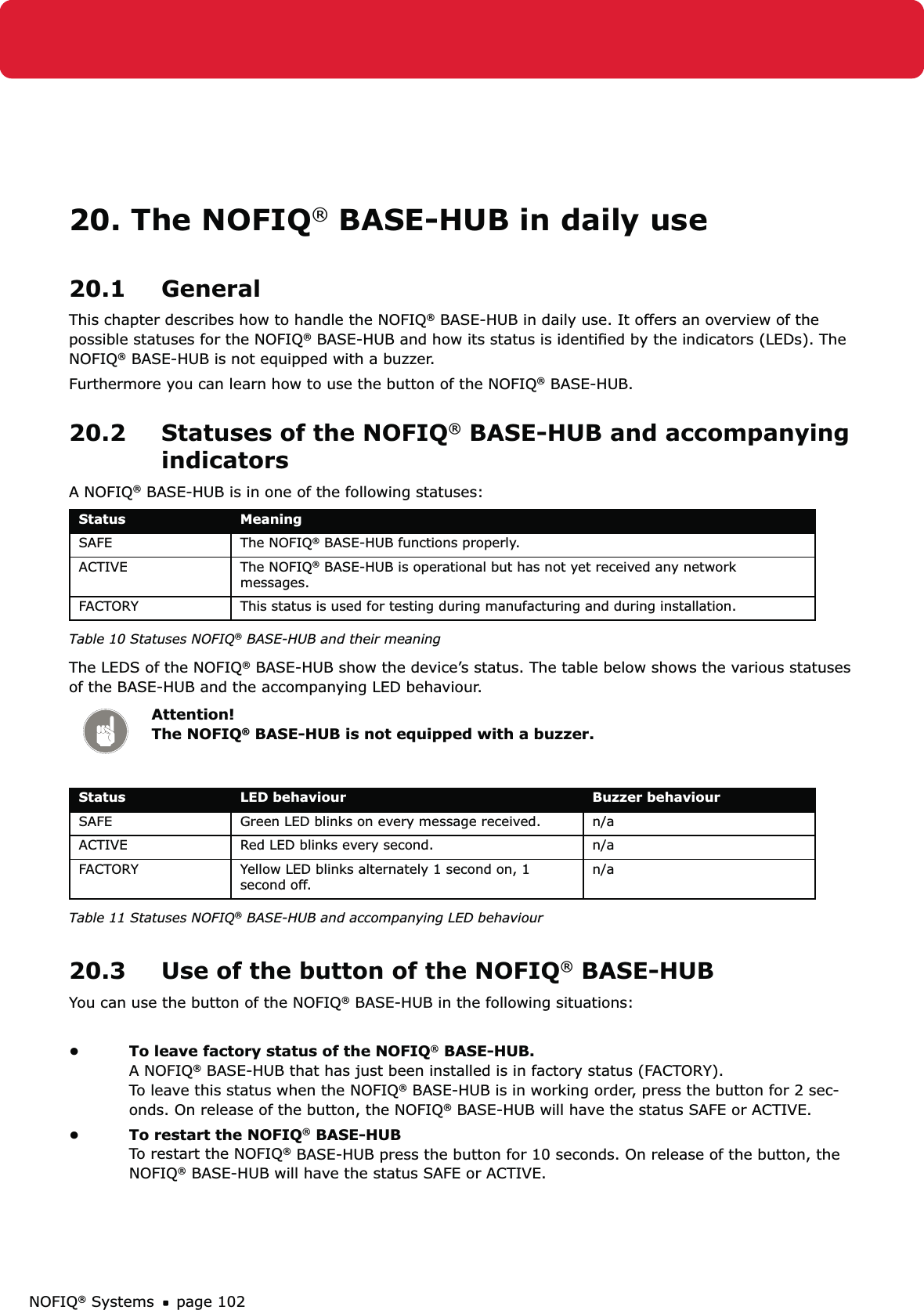 NOFIQ® Systems page 10220. The NOFIQ® BASE-HUB in daily use20.1 GeneralThis chapter describes how to handle the NOFIQ® BASE-HUB in daily use. It offers an overview of the possible statuses for the NOFIQ® BASE-HUB and how its status is identiﬁed by the indicators (LEDs). The NOFIQ® BASE-HUB is not equipped with a buzzer.Furthermore you can learn how to use the button of the NOFIQ® BASE-HUB.20.2  Statuses of the NOFIQ® BASE-HUB and accompanying indicatorsA NOFIQ® BASE-HUB is in one of the following statuses:Status MeaningSAFE The NOFIQ® BASE-HUB functions properly.ACTIVE The NOFIQ® BASE-HUB is operational but has not yet received any network messages.FACTORY This status is used for testing during manufacturing and during installation.Table 10 Statuses NOFIQ® BASE-HUB and their meaningThe LEDS of the NOFIQ® BASE-HUB show the device’s status. The table below shows the various statuses of the BASE-HUB and the accompanying LED behaviour. Attention! The NOFIQ® BASE-HUB is not equipped with a buzzer.Status LED behaviour Buzzer behaviourSAFE Green LED blinks on every message received. n/aACTIVE Red LED blinks every second. n/aFACTORY Yellow LED blinks alternately 1 second on, 1 second off.n/aTable 11 Statuses NOFIQ® BASE-HUB and accompanying LED behaviour20.3  Use of the button of the NOFIQ® BASE-HUBYou can use the button of the NOFIQ® BASE-HUB in the following situations:To leave factory status of the NOFIQ•  ® BASE-HUB. A NOFIQ® BASE-HUB that has just been installed is in factory status (FACTORY).  To leave this status when the NOFIQ® BASE-HUB is in working order, press the button for 2 sec-onds. On release of the button, the NOFIQ® BASE-HUB will have the status SAFE or ACTIVE.To restart the NOFIQ•  ® BASE-HUB To restart the NOFIQ® BASE-HUB press the button for 10 seconds. On release of the button, the NOFIQ® BASE-HUB will have the status SAFE or ACTIVE.
