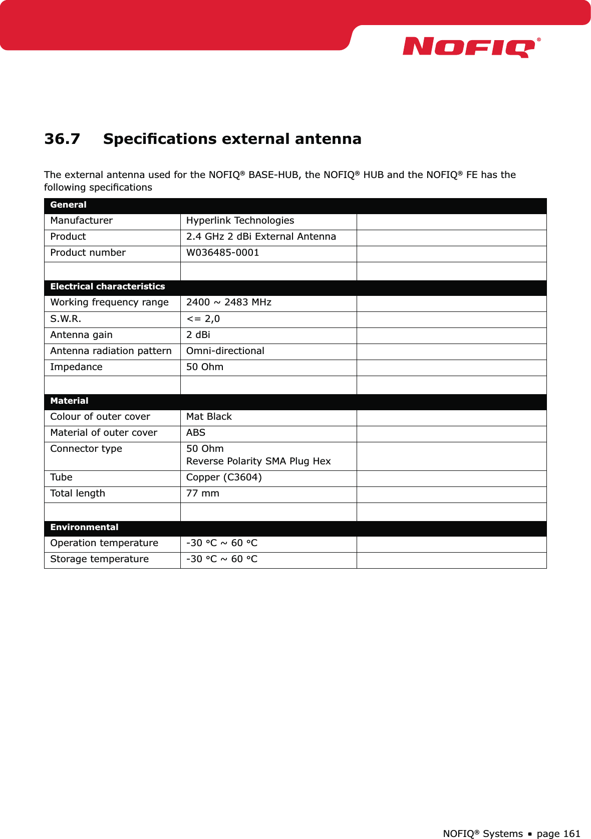 page 161NOFIQ® Systems36.7  Speciﬁcations external antennaThe external antenna used for the NOFIQ® BASE-HUB, the NOFIQ® HUB and the NOFIQ® FE has the following speciﬁcationsGeneral                                                                    Manufacturer Hyperlink Technologies                                                                  Product 2.4  GHz  2  dBi  External  Antenna            Product number W036485-0001                      Electrical characteristicsWorking frequency range 2400 ~ 2483 MHz                       S.W.R. &lt;= 2,0                                       Antenna gain 2 dBi                              Antenna radiation pattern Omni-directional                         Impedance 50 Ohm                                      MaterialColour of outer cover Mat Black                                           Material of outer cover ABS                                            Connector type 50 Ohm                                      Reverse Polarity SMA Plug Hex    Tube Copper (C3604)                            Total length  77 mm                                       EnvironmentalOperation temperature -30 °C ~ 60 °C                              Storage temperature -30 °C ~ 60 °C                              