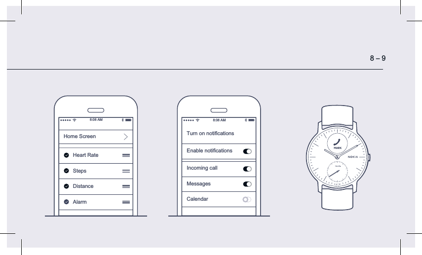 8 – 9Home ScreenHeart RateStepsDistance8:08 AMAlarmTurn on notiﬁcationsEnable notiﬁcationsMessagesCalendar8:08 AMIncoming call