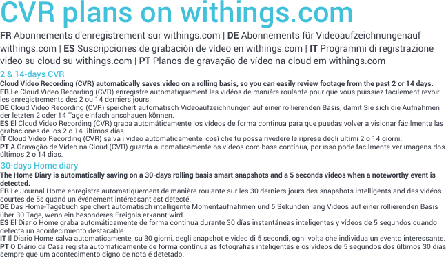 CVR plans on withings.comFR Abonnements d’enregistrement sur withings.com | DE Abonnements für Videoaufzeichnungenauf withings.com | ES Suscripciones de grabación de vídeo en withings.com | IT Programmi di registrazione video su cloud su withings.com | PT Planos de gravação de vídeo na cloud em withings.com2 &amp; 14-days CVRCloud Video Recording (CVR) automatically saves video on a rolling basis, so you can easily review footage from the past 2 or 14 days.FR Le Cloud Video Recording (CVR) enregistre automatiquement les vidéos de manière roulante pour que vous puissiez facilement revoir les enregistrements des 2 ou 14 derniers jours.DE Cloud Video Recording (CVR) speichert automatisch Videoaufzeichnungen auf einer rollierenden Basis, damit Sie sich die Aufnahmen der letzten 2 oder 14 Tage einfach anschauen können.ES El Cloud Video Recording (CVR) graba automáticamente los vídeos de forma continua para que puedas volver a visionar fácilmente las grabaciones de los 2 o 14 últimos días. IT Cloud Video Recording (CVR) salva i video automaticamente, così che tu possa rivedere le riprese degli ultimi 2 o 14 giorni. PT A Gravação de Vídeo na Cloud (CVR) guarda automaticamente os vídeos com base contínua, por isso pode facilmente ver imagens dos últimos 2 o 14 dias.30-days Home diaryThe Home Diary is automatically saving on a 30-days rolling basis smart snapshots and a 5 seconds videos when a noteworthy event is detected.FR Le Journal Home enregistre automatiquement de manière roulante sur les 30 derniers jours des snapshots intelligents and des vidéos courtes de 5s quand un événement intéressant est détecté.DE Das Home-Tagebuch speichert automatisch intelligente Momentaufnahmen und 5 Sekunden lang Videos auf einer rollierenden Basis über 30 Tage, wenn ein besonderes Ereignis erkannt wird.ES El Diario Home graba automáticamente de forma continua durante 30 días instantáneas inteligentes y vídeos de 5 segundos cuando detecta un acontecimiento destacable. IT Il Diario Home salva automaticamente, su 30 giorni, degli snapshot e video di 5 secondi, ogni volta che individua un evento interessante. PT O Diário da Casa regista automaticamente de forma contínua as fotograas inteligentes e os vídeos de 5 segundos dos últimos 30 dias sempre que um acontecimento digno de nota é detetado.