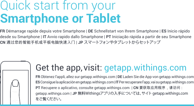 FR Démarrage rapide depuis votre Smartphone | DE Schnellstart von Ihrem Smartphone | ES Inicio rápido desde su Smartphone | IT Avvio rapido dallo Smartphone | PT Iniciação rápida a partir de seu SmartphoneCN 通过您的智能手机或平板电脑快速入门 | JP スマートフォンやタブレットからセットアップFR Obtenez l’appli, allez sur getapp.withings.com | DE Laden Sie die App von getapp.withings.com  ES Consigue la aplicación en getapp.withings.com | IT Per recuperare l’app, vai su getapp.withings.com PT Recupere o aplicativo, consulte getapp.withings.com  | CN 要获取应用程序，请访问 : getapp.withings.com | JP 無料Withingsアプリの入手については、サイト getapp.withings.com をご覧ください。Get the app, visit: getapp.withings.comQuick start from your  Smartphone or Tablet