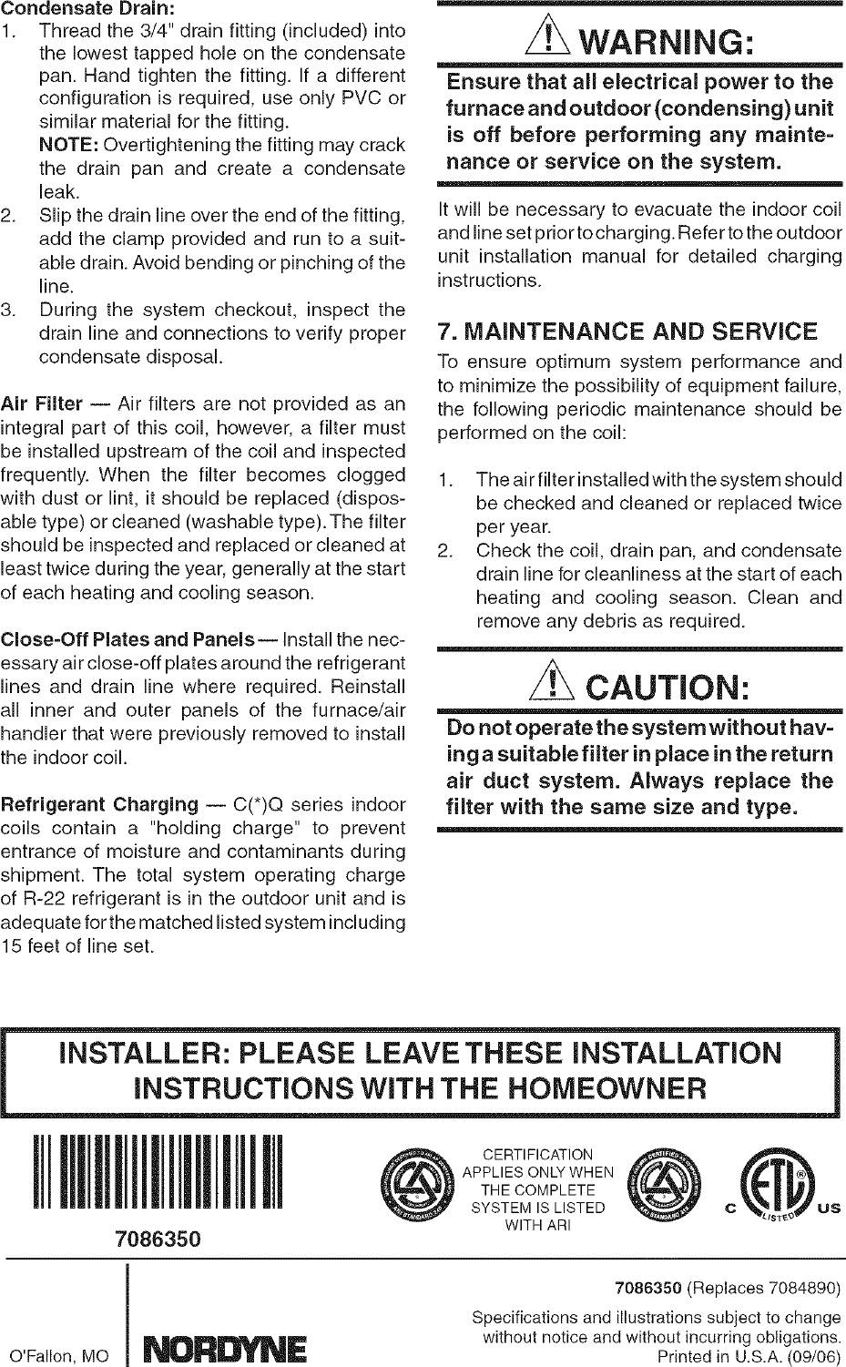 Page 8 of 8 - NORDYNE  Air Handler (indoor Blower&evap) Manual L0611479