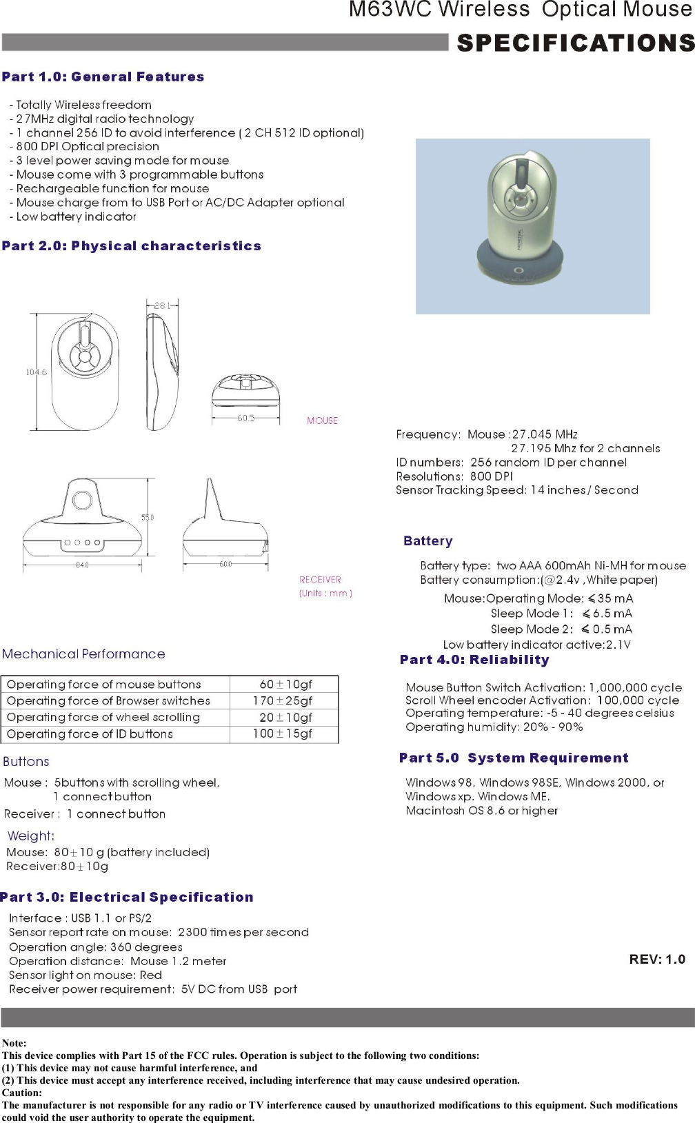                 Note: This device complies with Part 15 of the FCC rules. Operation is subject to the following two conditions: (1) This device may not cause harmful interference, and (2) This device must accept any interference received, including interference that may cause undesired operation.  Caution: The manufacturer is not responsible for any radio or TV interference caused by unauthorized modifications to this equipment. Such modifications could void the user authority to operate the equipment. 