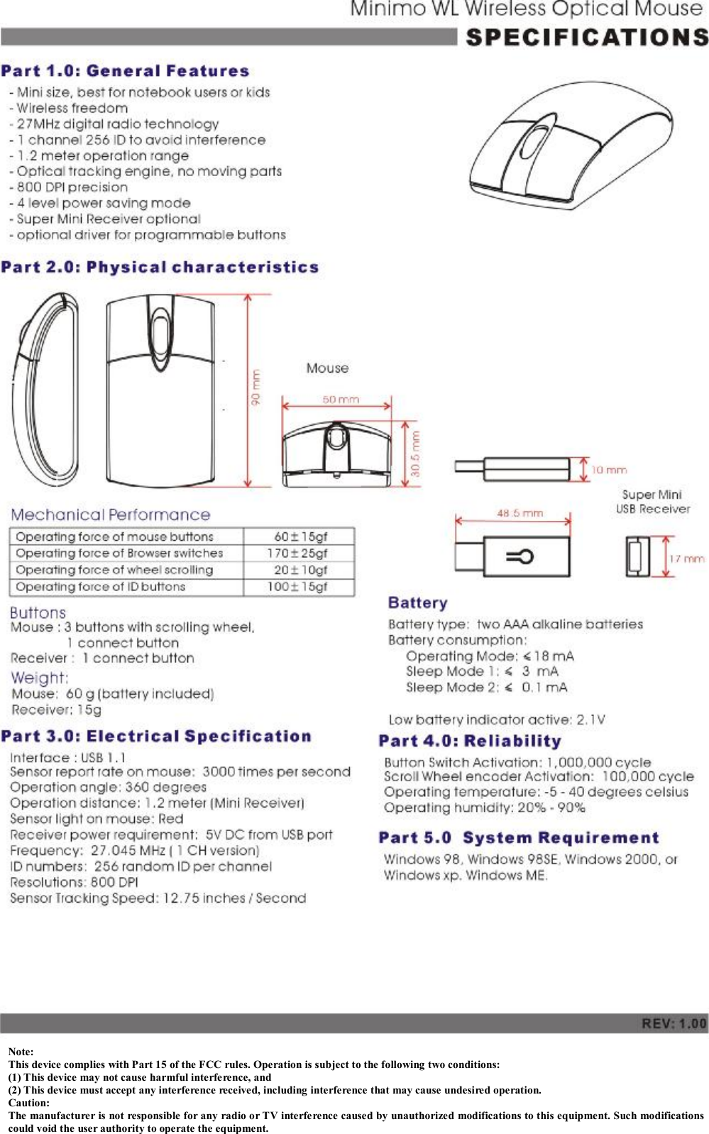                Note: This device complies with Part 15 of the FCC rules. Operation is subject to the following two conditions: (1) This device may not cause harmful interference, and (2) This device must accept any interference received, including interference that may cause undesired operation.  Caution: The manufacturer is not responsible for any radio or TV interference caused by unauthorized modifications to this equipment. Such modifications could void the user authority to operate the equipment. 