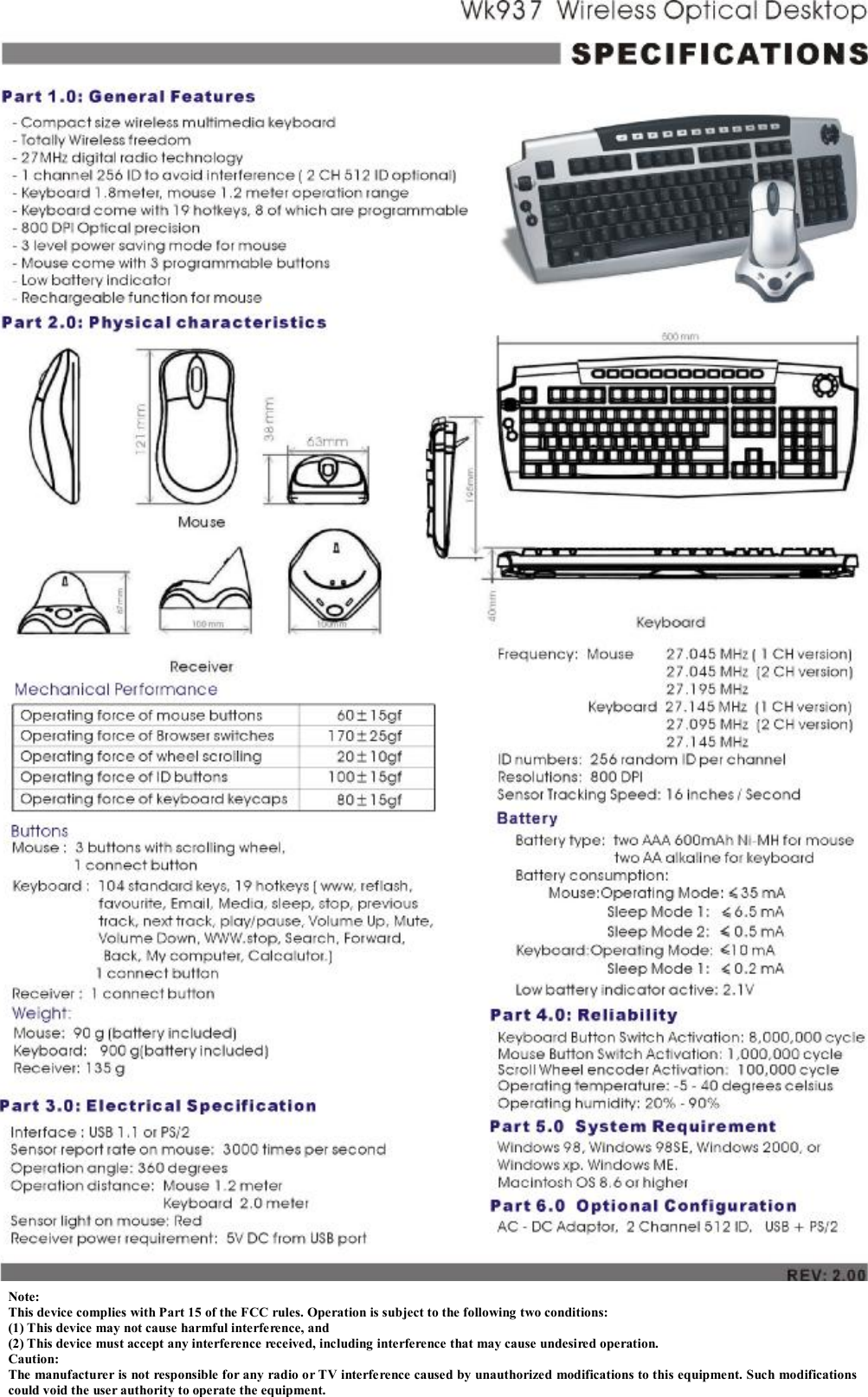                Note: This device complies with Part 15 of the FCC rules. Operation is subject to the following two conditions: (1) This device may not cause harmful interference, and (2) This device must accept any interference received, including interference that may cause undesired operation.  Caution: The manufacturer is not responsible for any radio or TV interference caused by unauthorized modifications to this equipment. Such modifications could void the user authority to operate the equipment. 