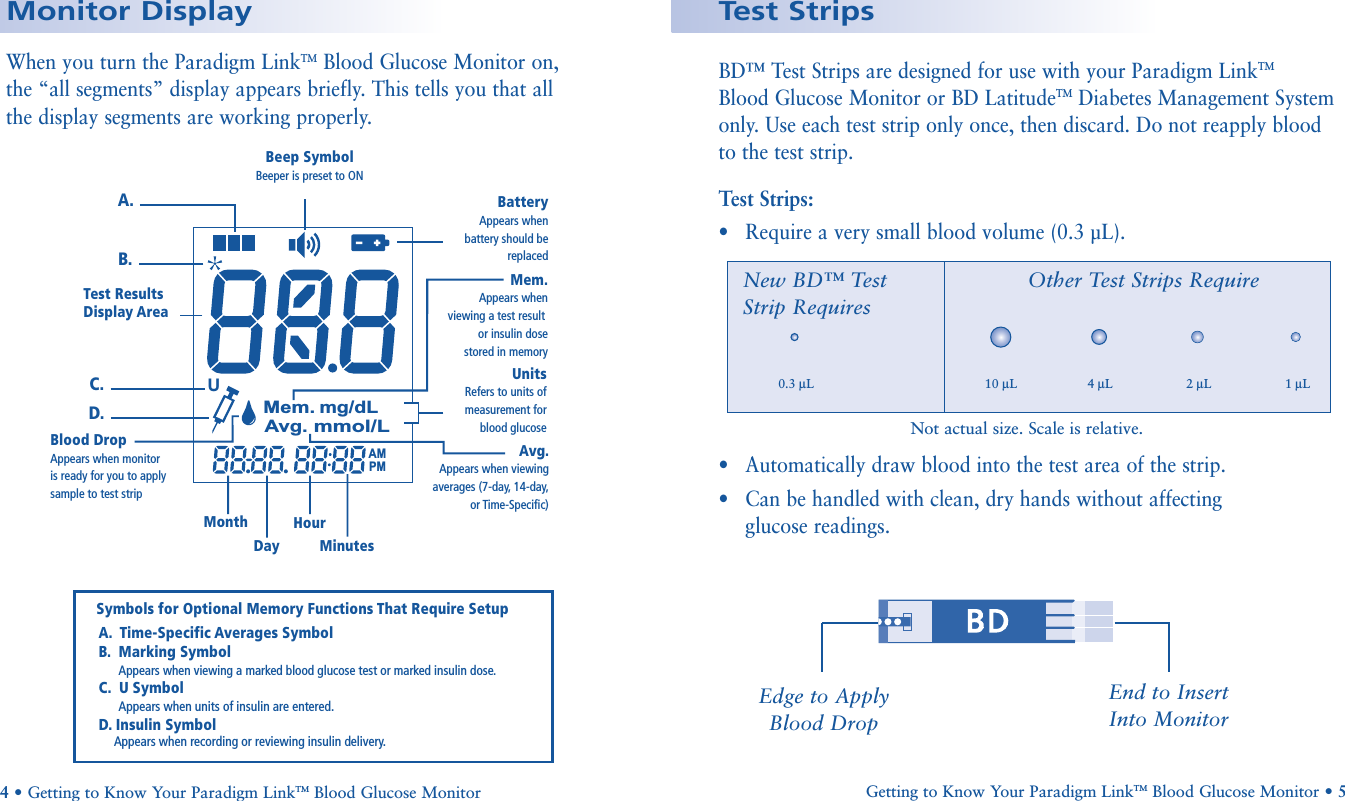 Mem.Avg.mg/dLmmol/LAMPMA.B.Beep SymbolBeeper is preset to ONBatteryAppears whenbattery should bereplacedTest ResultsDisplay AreaBlood DropAppears when monitoris ready for you to applysample to test stripUnitsRefers to units ofmeasurement forblood glucoseMem.Appears when viewing a test result or insulin dose stored in memoryAvg.Appears when viewingaverages (7-day, 14-day,or Time-Specific)Symbols for Optional Memory Functions That Require SetupA.  Time-Specific Averages SymbolB.  Marking Symbol       Appears when viewing a marked blood glucose test or marked insulin dose.C.  U Symbol       Appears when units of insulin are entered.D. Insulin Symbol     Appears when recording or reviewing insulin delivery.MonthDayHourMinutesUC.D.When you turn the Paradigm LinkTMBlood Glucose Monitor on, the “all segments” display appears briefly. This tells you that all the display segments are working properly.Test StripsMonitor DisplayGetting to Know Your Paradigm LinkTM Blood Glucose Monitor • 54•Getting to Know Your Paradigm LinkTM Blood Glucose Monitor Edge to ApplyBlood DropEnd to Insert Into MonitorBD™ Test Strips are designed for use with your Paradigm LinkTMBlood Glucose Monitor or BD LatitudeTMDiabetes Management Systemonly. Use each test strip only once, then discard. Do not reapply blood to the test strip.Test Strips:•Require a very small blood volume (0.3 µL).•Automatically draw blood into the test area of the strip.•Can be handled with clean, dry hands without affecting glucose readings.Not actual size. Scale is relative.0.3 µL4 µL10 µL2 µL1 µLNew BD™ TestStrip RequiresOther Test Strips Require