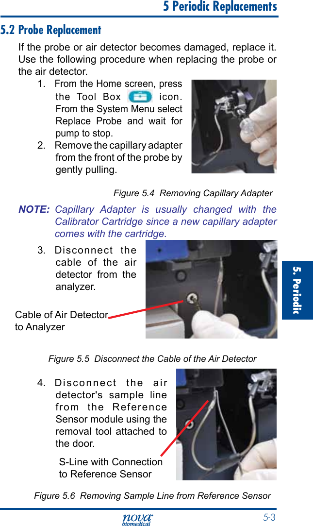  5-35. Periodic   5 Periodic Replacements5.2 Probe ReplacementIf the probe or air detector becomes damaged, replace it. Use the following procedure when replacing the probe or the air detector.1. From the Home screen, press the Tool Box   icon. From the System Menu select Replace Probe and wait for pump to stop.2.  Remove the capillary adapter from the front of the probe by gently pulling.      Figure 5.4  Removing Capillary AdapterNOTE:  Capillary  Adapter  is  usually  changed  with  the Calibrator Cartridge since a new capillary adapter comes with the cartridge. 3.  Disconnect the cable of the air detector from the analyzer.            Figure 5.5  Disconnect the Cable of the Air Detector4. Disconnect the air detector&apos;s sample line from the Reference Sensor module using the removal tool attached to the door.           Figure 5.6  Removing Sample Line from Reference SensorCable of Air Detector to AnalyzerS-Line with Connection to Reference Sensor