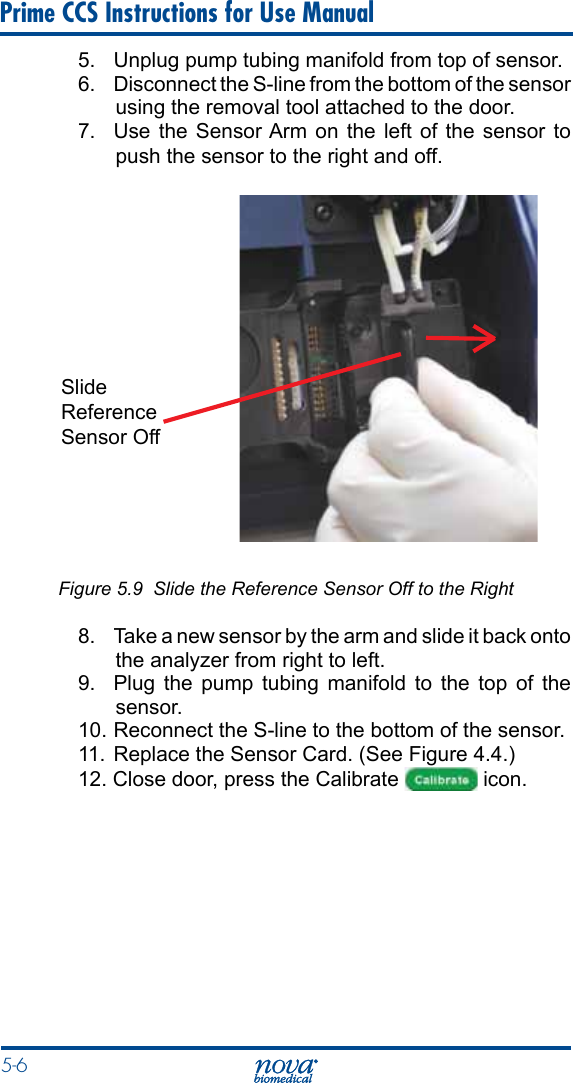 5-6 Prime CCS Instructions for Use Manual5.  Unplug pump tubing manifold from top of sensor.6.  Disconnect the S-line from the bottom of the sensor using the removal tool attached to the door.7.  Use the Sensor Arm on the left of the sensor to push the sensor to the right and off.Figure 5.9  Slide the Reference Sensor Off to the Right8.  Take a new sensor by the arm and slide it back onto the analyzer from right to left.9.  Plug the pump tubing manifold to the top of the sensor.10. Reconnect the S-line to the bottom of the sensor.11.  Replace the Sensor Card. (See Figure 4.4.)12. Close door, press the Calibrate   icon.Slide Reference Sensor Off