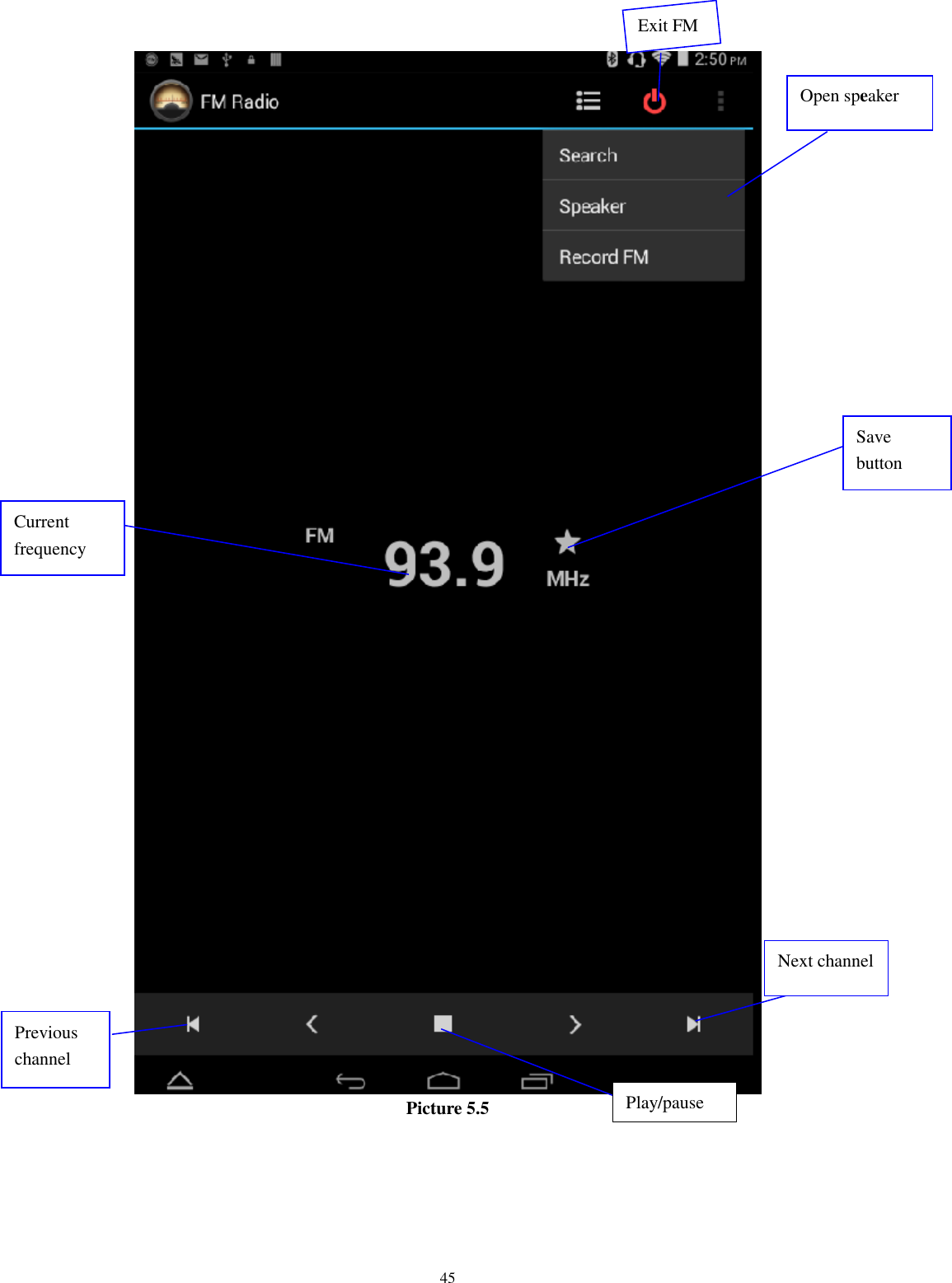      45  Picture 5.5    Open speaker Play/pause Save button Previous channel Next channel Current frequency Exit FM 