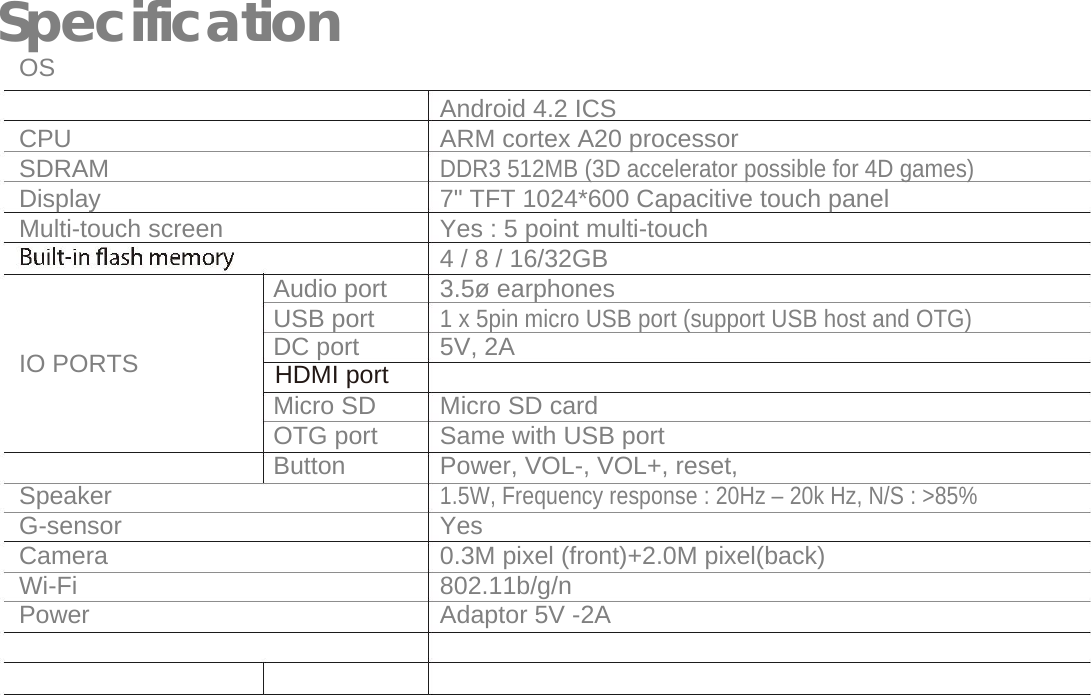   Specification   OS  Android 4.2 ICS  CPU  ARM cortex A20 processor  SDRAM  DDR3 512MB (3D accelerator possible for 4D games)  Display  7" TFT 1024*600 Capacitive touch panel  Multi-touch screen  Yes : 5 point multi-touch    4 / 8 / 16/32GB   Audio port 3.5&oslash; earphones   USB port 1 x 5pin micro USB port (support USB host and OTG)  IO PORTS                DC port 5V, 2A  Micro SD Micro SD card     OTG port Same with USB port   Button Power, VOL-, VOL+, reset,  Speaker  1.5W, Frequency response : 20Hz &ndash; 20k Hz, N/S : >85%  G-sensor  Yes  Camera  0.3M pixel (front)+2.0M pixel(back)  Wi-Fi  802.11b/g/n  Power  Adaptor 5V -2A  HDMI port 
