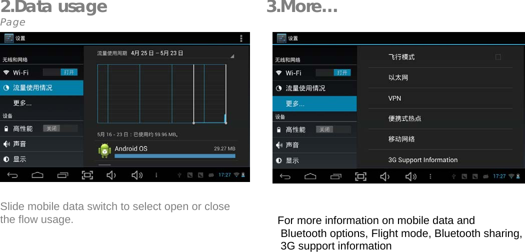    2.Data usage                                  3.More&hellip; Page              Slide mobile data switch to select open or close  the flow usage.          For more information on mobile data and  Bluetooth options, Flight mode, Bluetooth sharing,  3G support information  