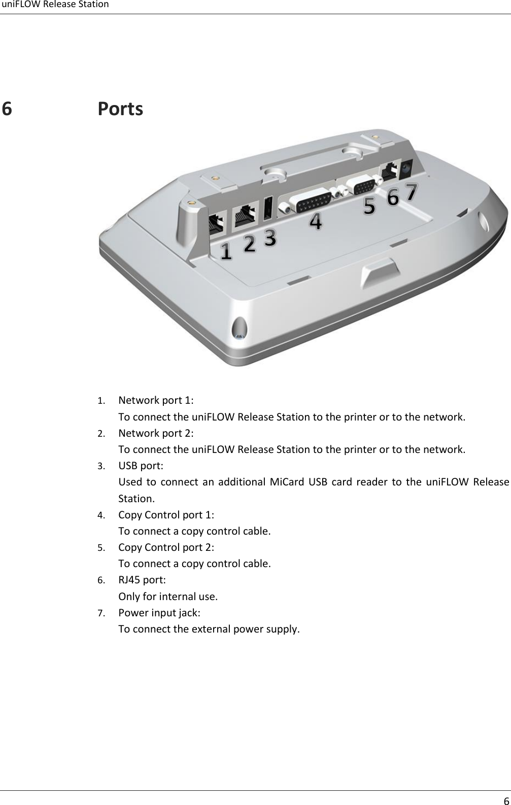 uniFLOW Release Station      6    6 Ports   1. Network port 1: To connect the uniFLOW Release Station to the printer or to the network. 2. Network port 2: To connect the uniFLOW Release Station to the printer or to the network. 3. USB port: Used  to  connect  an  additional MiCard  USB  card  reader  to  the  uniFLOW Release Station. 4. Copy Control port 1: To connect a copy control cable. 5. Copy Control port 2: To connect a copy control cable. 6. RJ45 port: Only for internal use. 7. Power input jack: To connect the external power supply. 