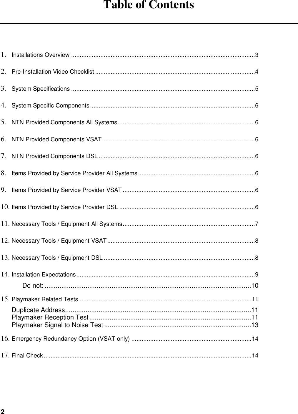 2   Table of Contents   1. Installations Overview ...........................................................................................................3 2. Pre-Installation Video Checklist .............................................................................................4 3. System Specifications ...........................................................................................................5 4. System Specific Components................................................................................................6 5. NTN Provided Components All Systems................................................................................6 6. NTN Provided Components VSAT.........................................................................................6 7. NTN Provided Components DSL ...........................................................................................6 8. Items Provided by Service Provider All Systems ....................................................................6 9. Items Provided by Service Provider VSAT .............................................................................6 10. Items Provided by Service Provider DSL ...............................................................................6 11. Necessary Tools / Equipment All Systems.............................................................................7 12. Necessary Tools / Equipment VSAT......................................................................................8 13. Necessary Tools / Equipment DSL ........................................................................................8 14. Installation Expectations........................................................................................................9 Do not: ...............................................................................................................10 15. Playmaker Related Tests ....................................................................................................11 Duplicate Address....................................................................................................11 Playmaker Reception Test.......................................................................................11 Playmaker Signal to Noise Test ...............................................................................13 16. Emergency Redundancy Option (VSAT only) ......................................................................14 17. Final Check.........................................................................................................................14  
