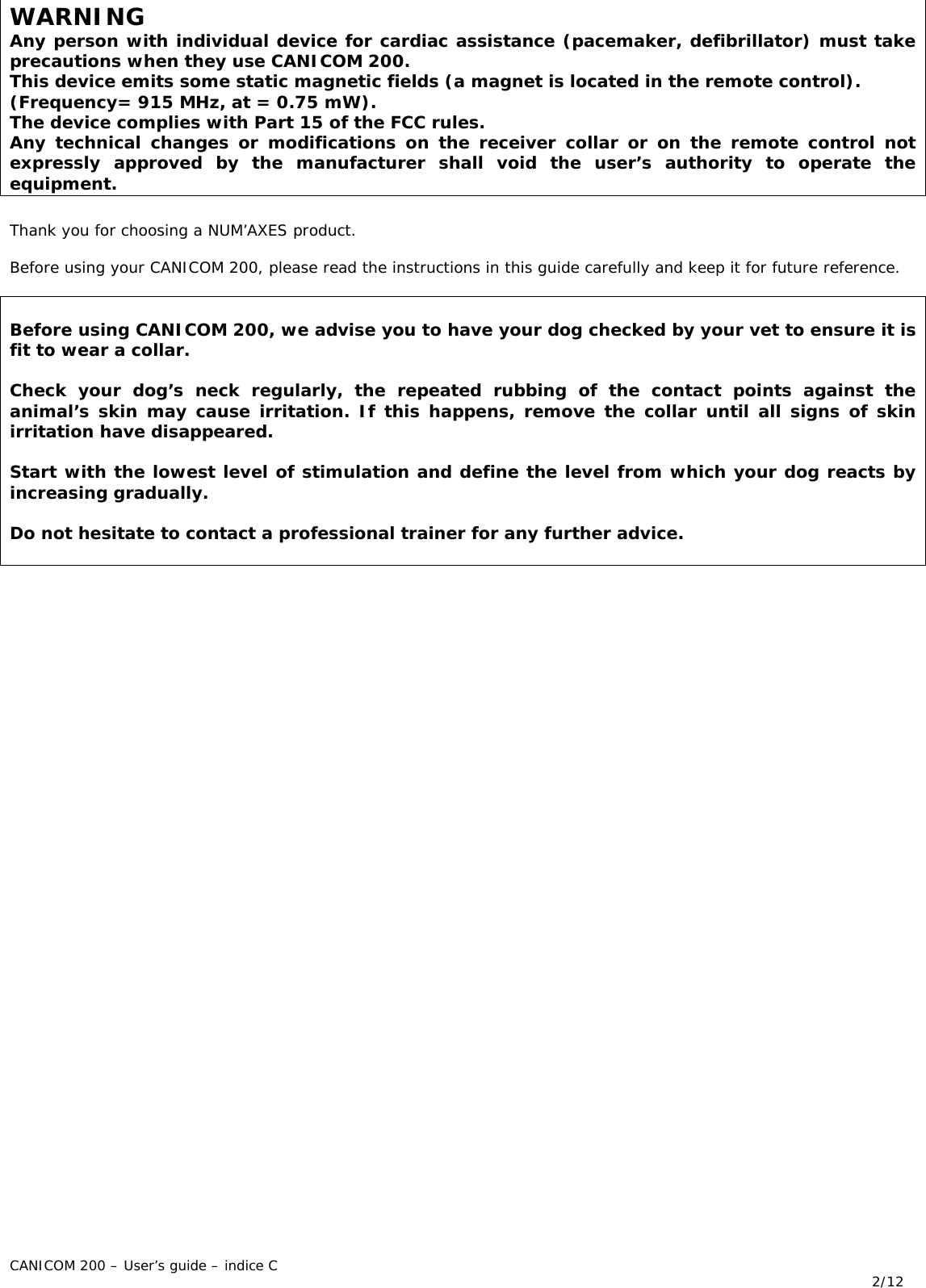 NUM AXES CDS20001 radio command for dog recall User Manual COLLIER DE