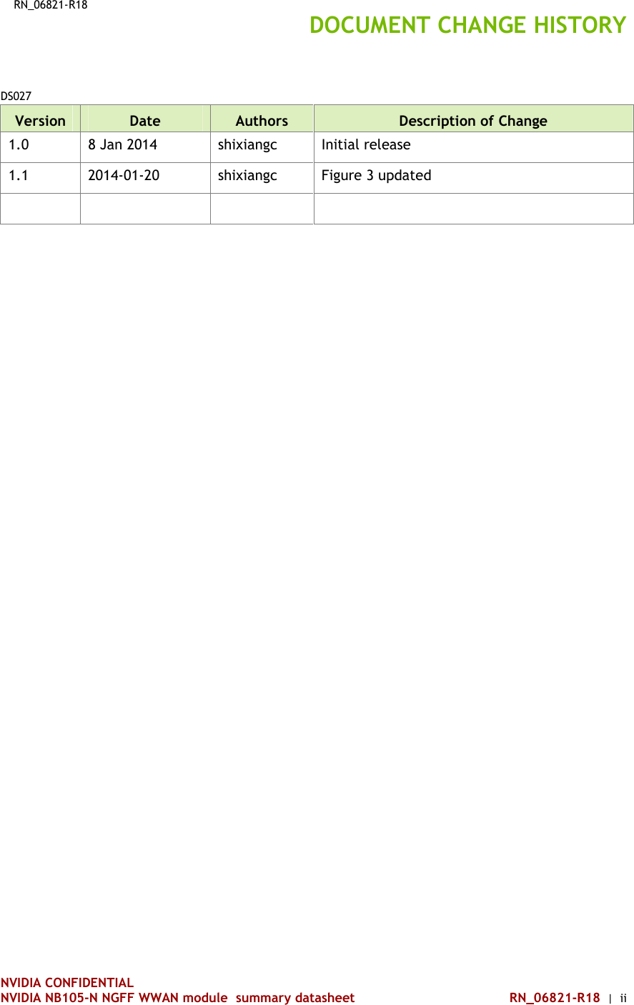 NVIDIA CONFIDENTIAL NVIDIA NB105-N NGFF WWAN module  summary datasheet RN_06821-R18  |  ii RN_06821-R18 DOCUMENT CHANGE HISTORY DS027 Version  Date  Authors  Description of Change 1.0  8 Jan 2014  shixiangc  Initial release 1.1  2014-01-20  shixiangc  Figure 3 updated           