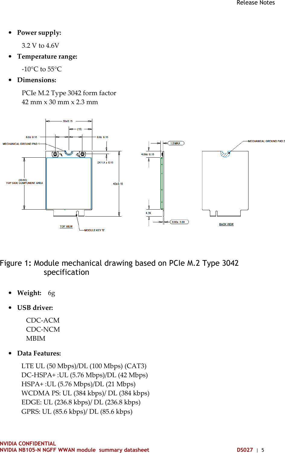 Release Notes NVIDIA CONFIDENTIAL NVIDIA NB105-N NGFF WWAN module  summary datasheet DS027  |  5 • Power supply: 3.2 V to 4.6V • Temperature range: -10°C to 55°C • Dimensions: PCIe M.2 Type 3042 form factor 42 mm x 30 mm x 2.3 mm  Figure 1: Module mechanical drawing based on PCIe M.2 Type 3042 specification • Weight:    6g • USB driver: CDC-ACM CDC-NCM MBIM • Data Features: LTE UL (50 Mbps)/DL (100 Mbps) (CAT3) DC-HSPA+ :UL (5.76 Mbps)/DL (42 Mbps) HSPA+ :UL (5.76 Mbps)/DL (21 Mbps) WCDMA PS: UL (384 kbps)/ DL (384 kbps) EDGE: UL (236.8 kbps)/ DL (236.8 kbps) GPRS: UL (85.6 kbps)/ DL (85.6 kbps) 