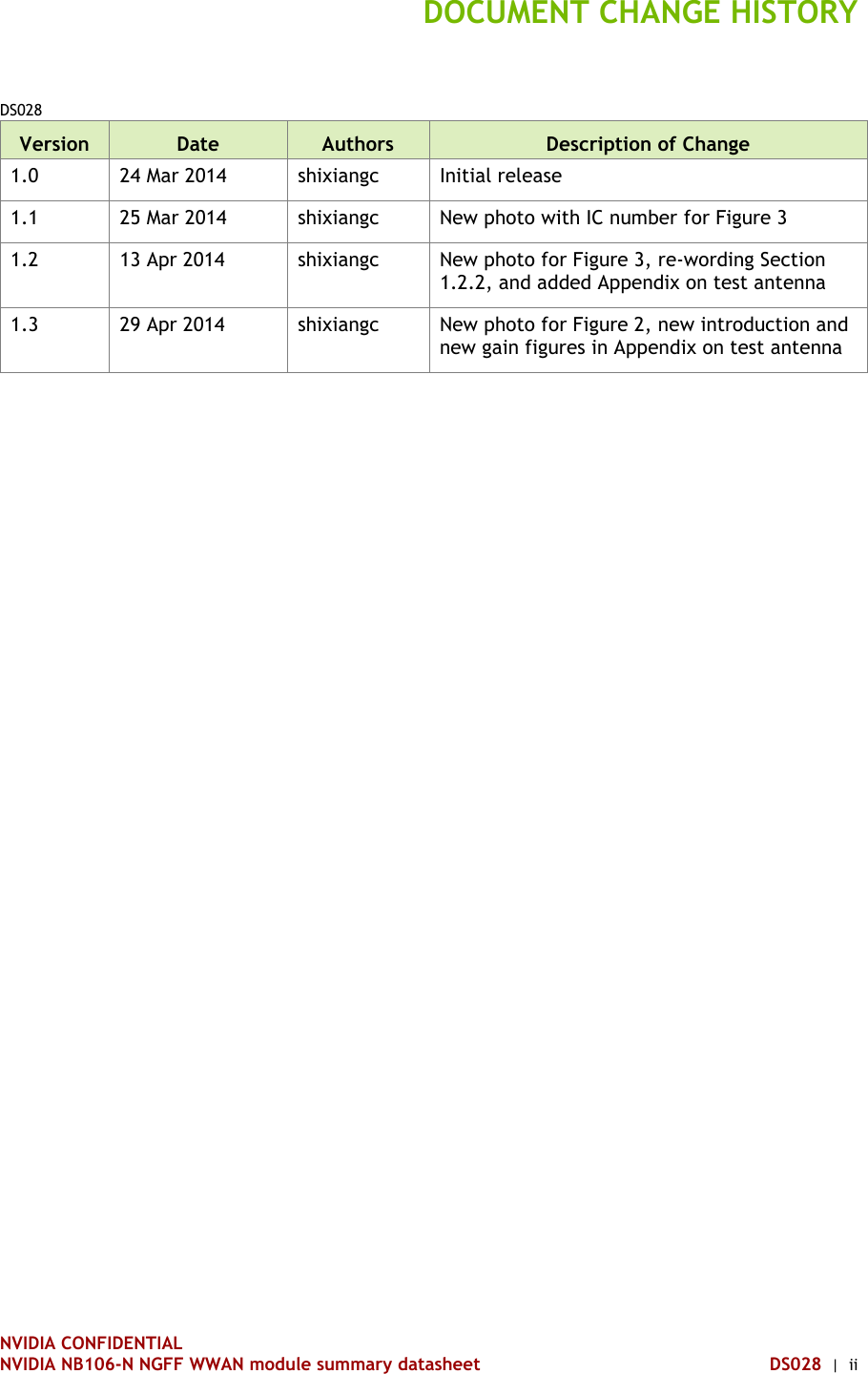 NVIDIA CONFIDENTIAL NVIDIA NB106-N NGFF WWAN module summary datasheet DS028  |  ii DOCUMENT CHANGE HISTORY DS028 Version  Date  Authors  Description of Change 1.0  24 Mar 2014  shixiangc  Initial release 1.1  25 Mar 2014  shixiangc  New photo with IC number for Figure 3 1.2  13 Apr 2014  shixiangc  New photo for Figure 3, re-wording Section 1.2.2, and added Appendix on test antenna 1.3  29 Apr 2014  shixiangc  New photo for Figure 2, new introduction and new gain figures in Appendix on test antenna    